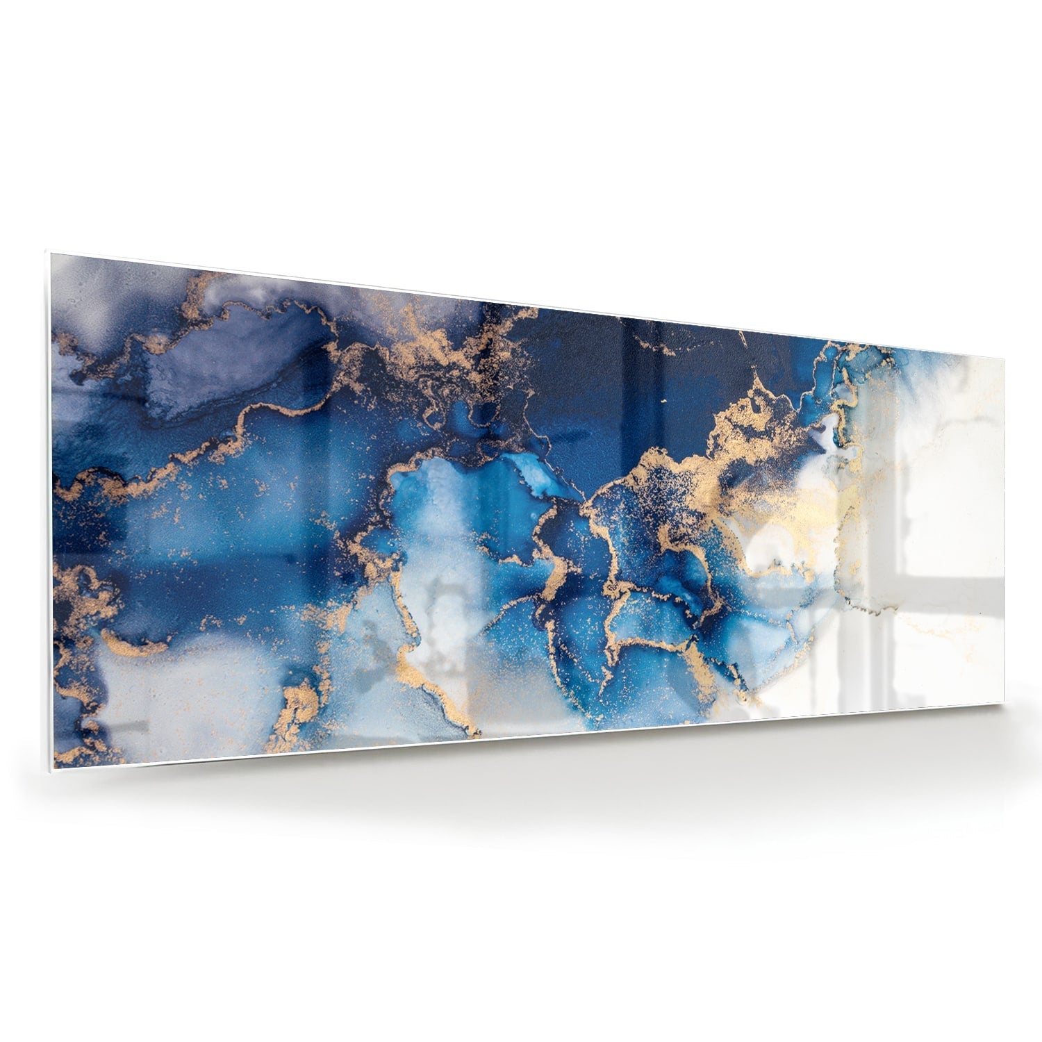 Mehrschichtiges Glasbild in Blau und Gold – Glasbild aus Sicherheitsglas, Größe 60x60