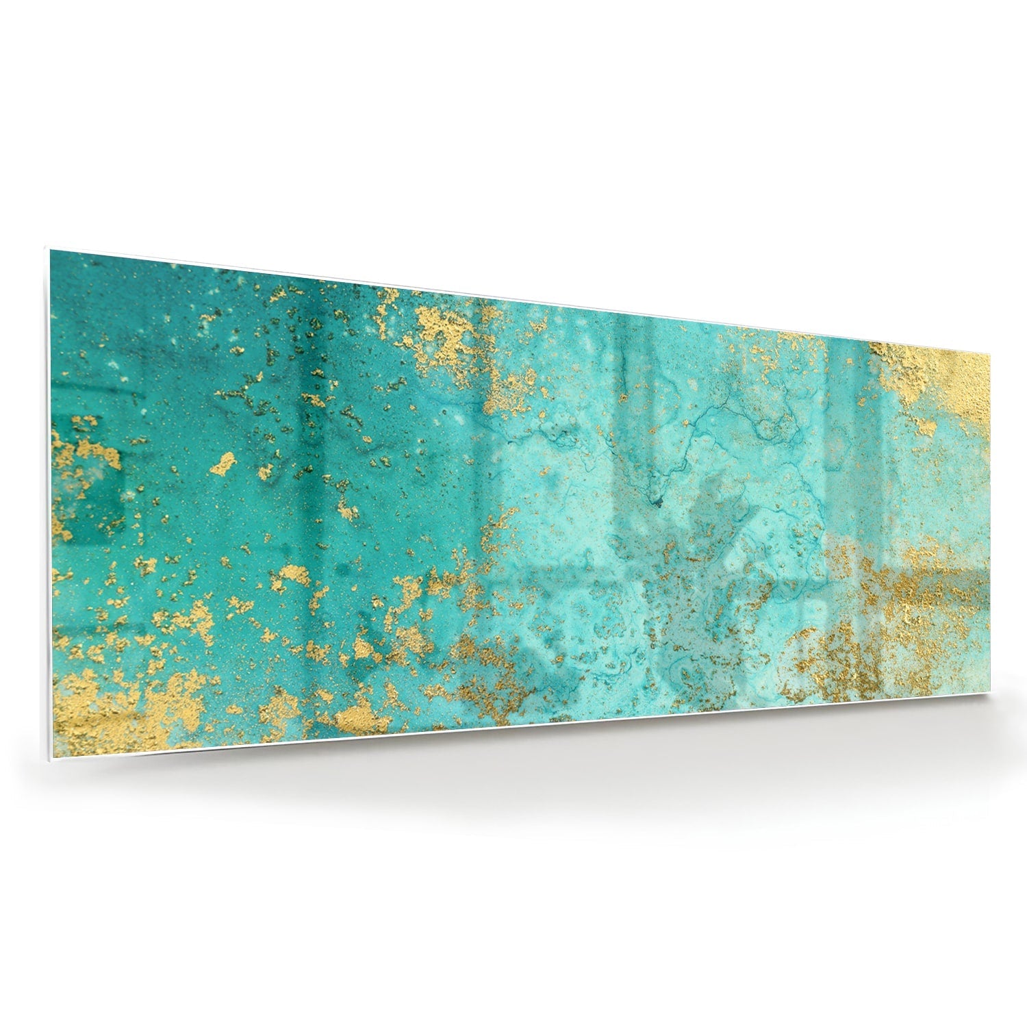 Glasbild mit goldenen Akzenten auf Türkis – Glasbild aus Sicherheitsglas, Größe 60x60