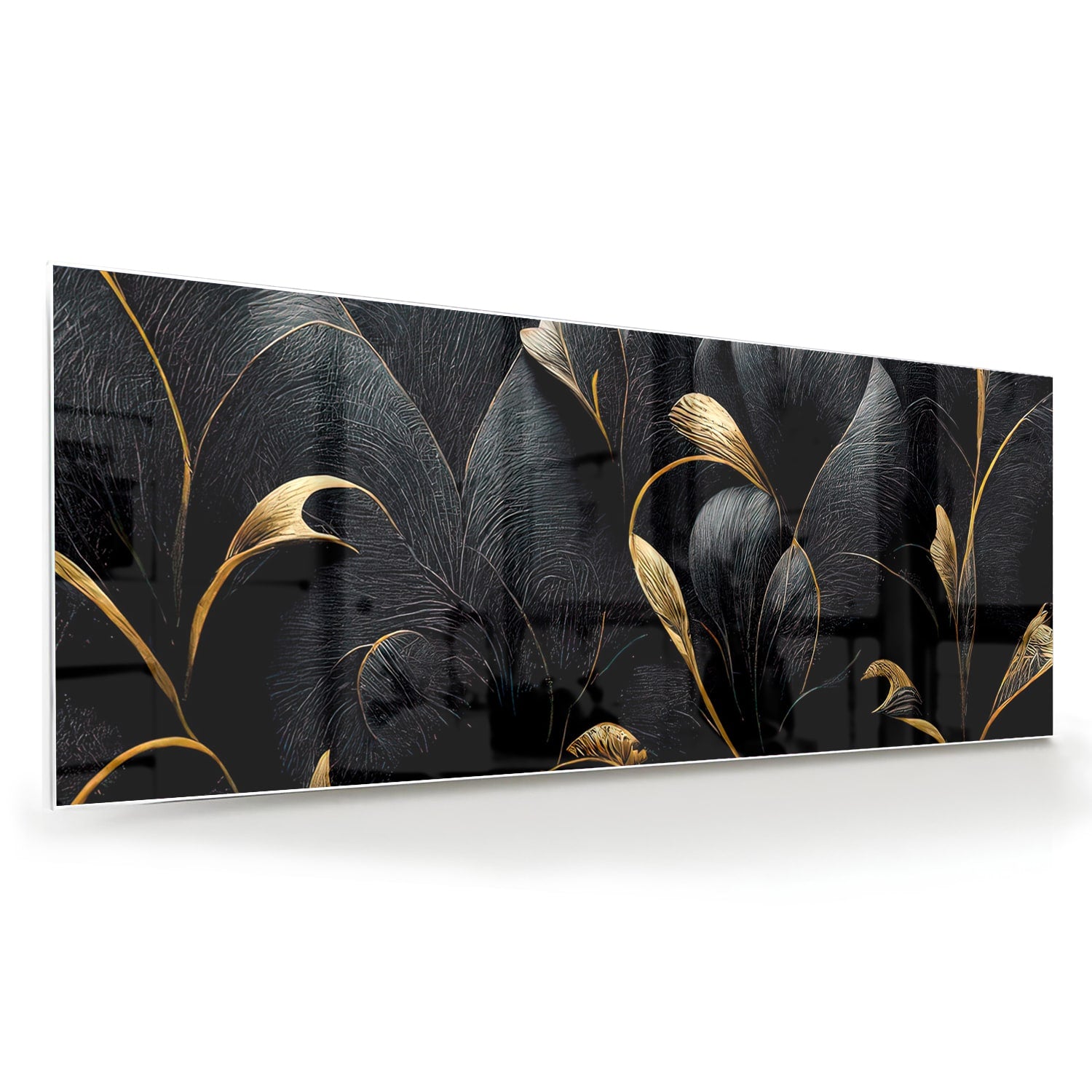 Elegantes Glasbild mit goldenen Blättern – Glasbild aus Sicherheitsglas, Größe 60x60