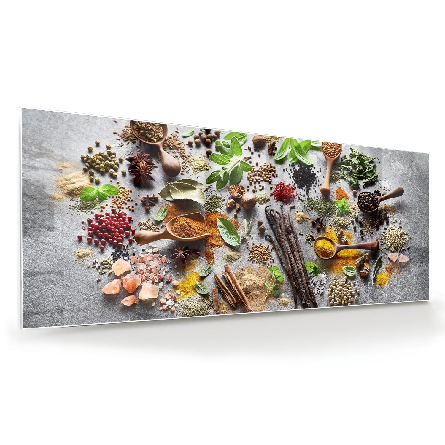 Farbenfrohes Glasbild mit Kräutern und Gewürzen – Glasbild aus Sicherheitsglas, Größe 60x60