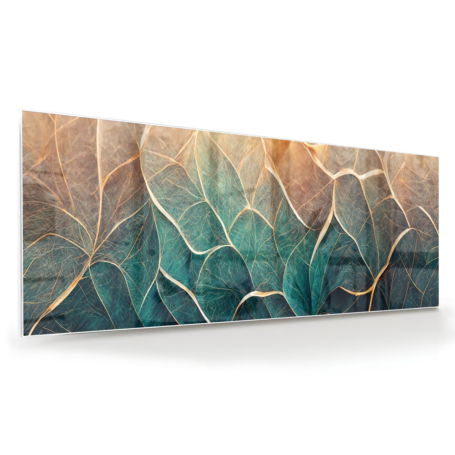 Glasbild mit Blättern und goldenen Linien – Glasbild aus Sicherheitsglas, Größe 60x60