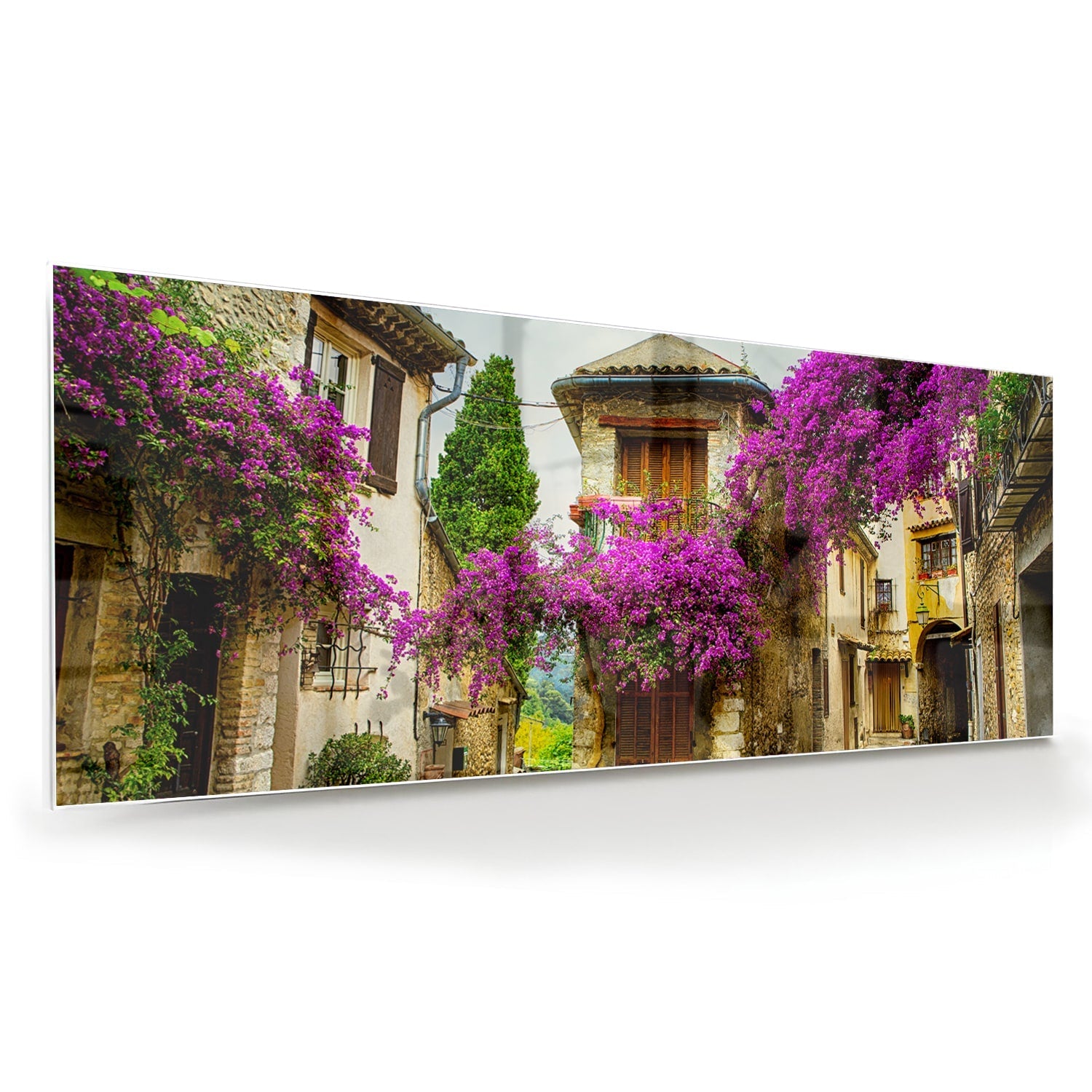 Glasbild mit stimmungsvoller Straßenansicht und violetten Blüten – Glasbild aus Sicherheitsglas, Größe 60x60