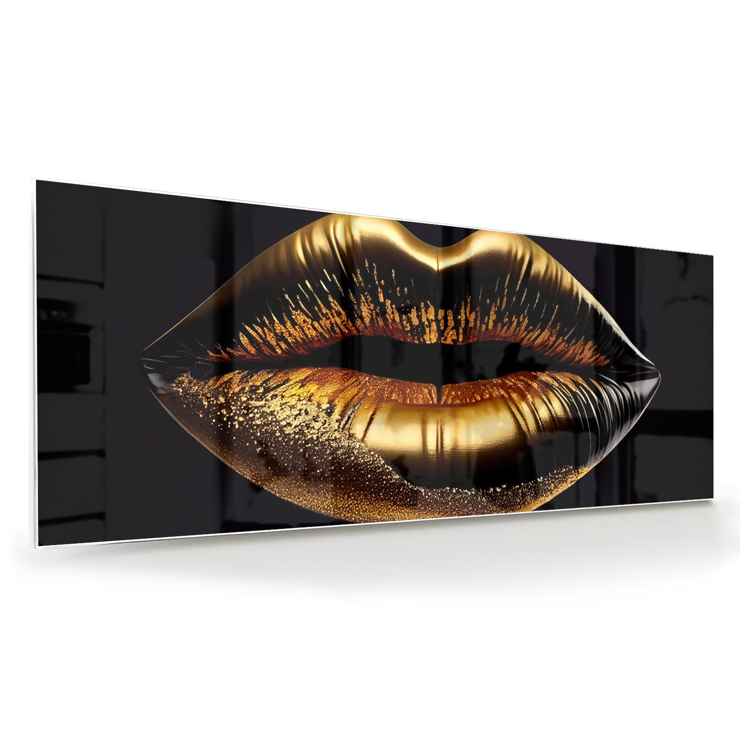 Glasbild mit goldenen Lippen – elegante Wanddekoration – Glasbild aus Sicherheitsglas, Größe 60x60