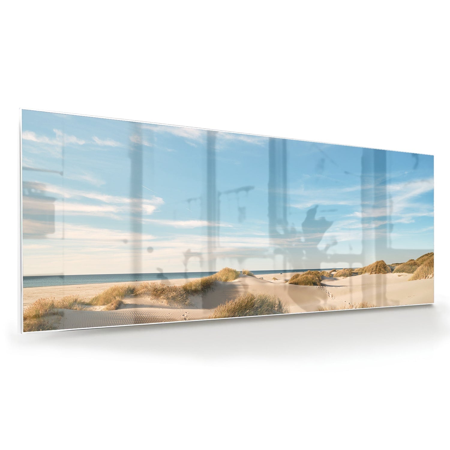 Glasbild mit Dünen und blauem Himmel – Glasbild aus Sicherheitsglas, Größe 60x60