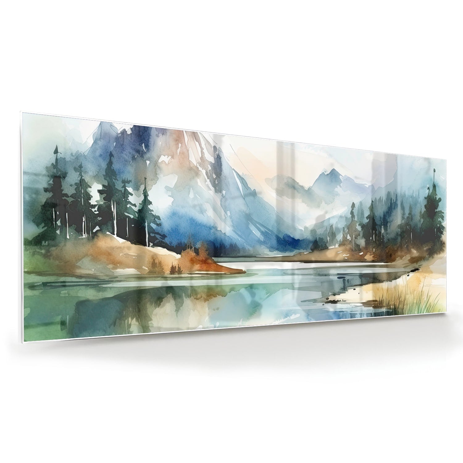 Glasbild mit Bergen und See im Aquarellstil – Glasbild aus Sicherheitsglas, Größe 60x60