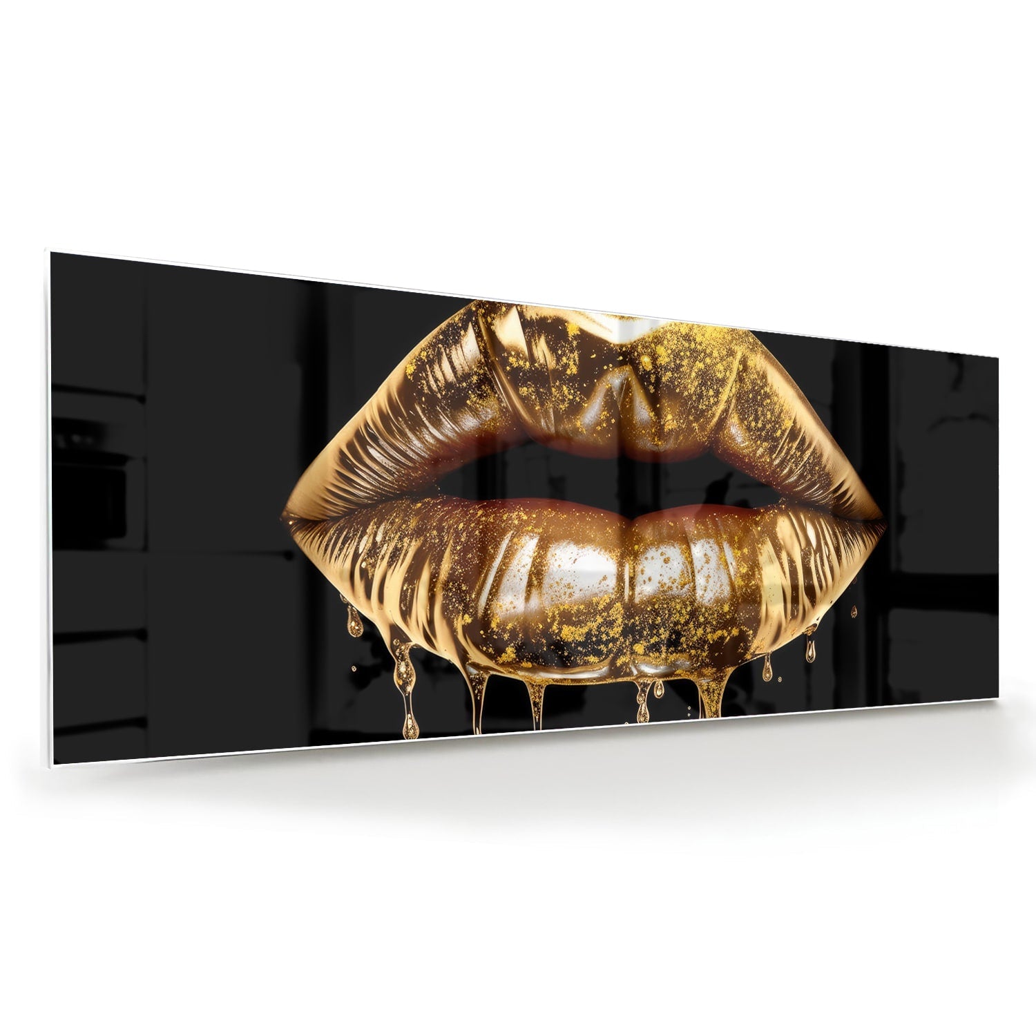 Glasbild mit goldenen Lippen – Wanddekoration für elegante Innenräume – Glasbild aus Sicherheitsglas, Größe 60x60