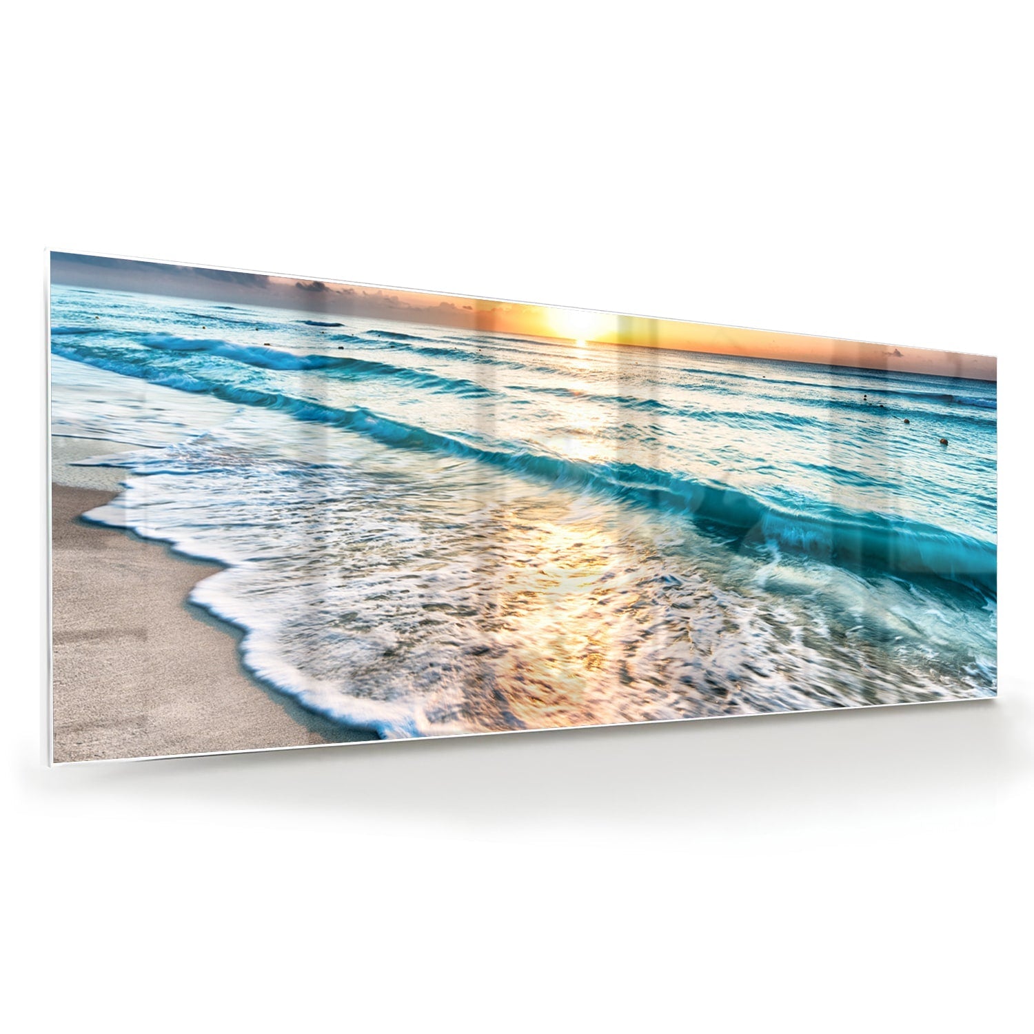 Wunderschönes Glasbild mit einem Sonnenuntergang am See – Glasbild aus Sicherheitsglas, Größe 60x60