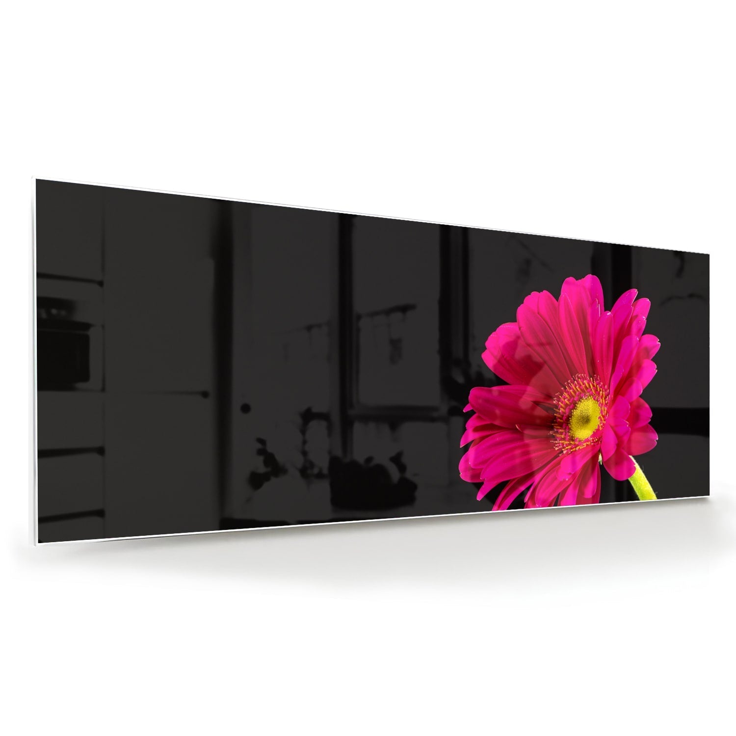 Glasbild – Wunderschöne rosa Gerbera auf schwarzem Hintergrund – Glasbild aus Sicherheitsglas, Größe 60x60