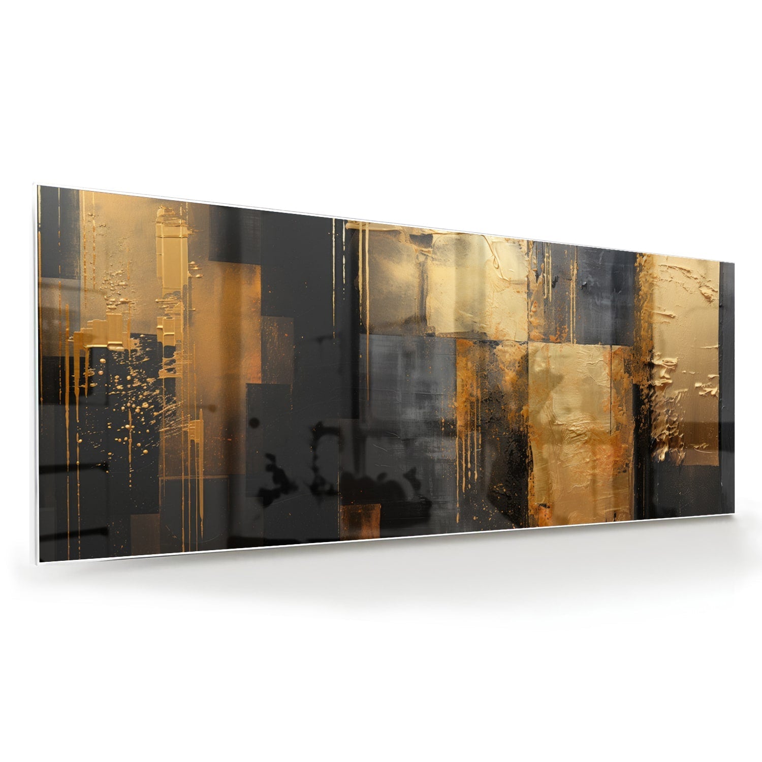 Abstraktes Glasbild in Gold und Schwarz – Glasbild aus Sicherheitsglas, Größe 60x60