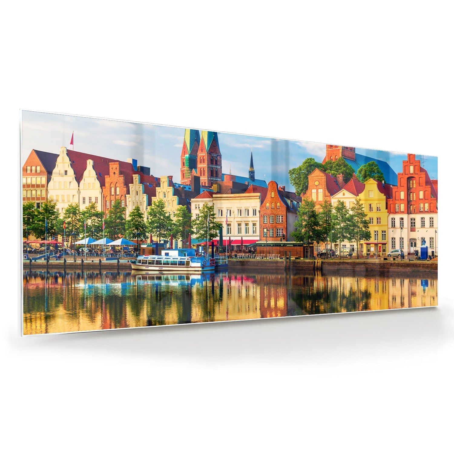 Farbenfrohes Glasbild mit einer Stadtlandschaft – Glasbild aus Sicherheitsglas, Größe 60x60