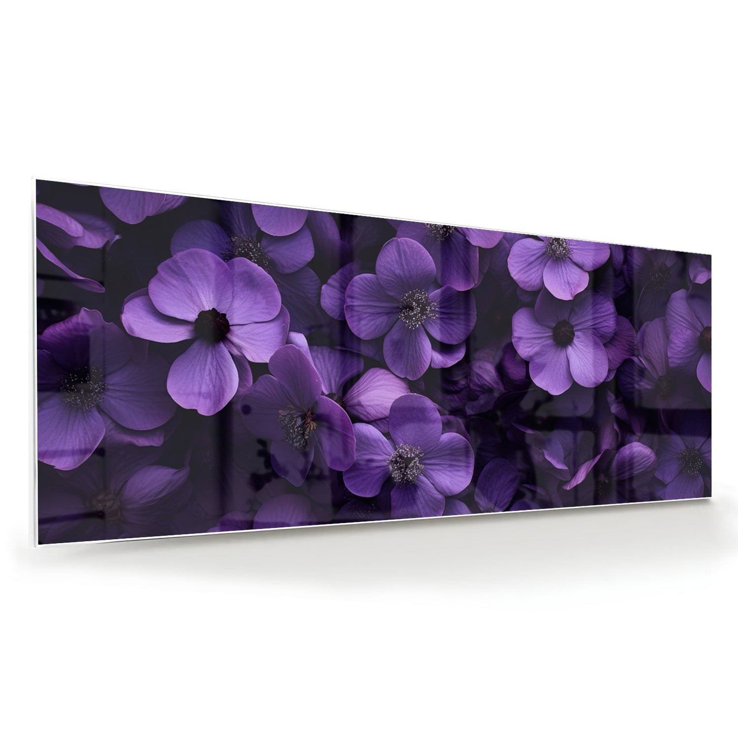 Glasbild mit violetten Blumen für Ihr Interieur – Glasbild aus Sicherheitsglas, Größe 60x60