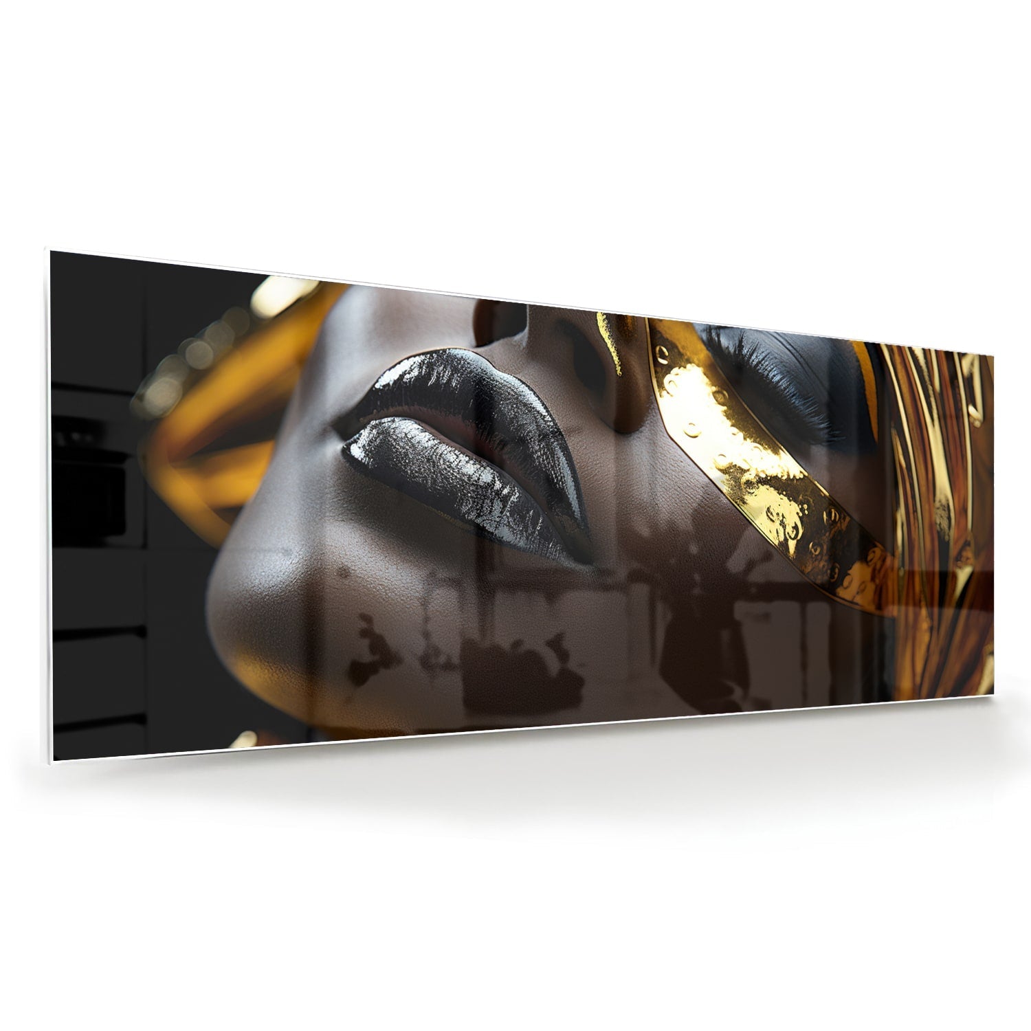 Goldenes und schwarzes Glasbild mit weiblichem Gesicht – Glasbild aus Sicherheitsglas, Größe 60x60