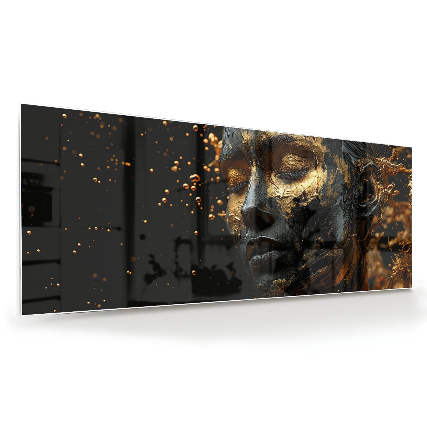 Goldenes Glasbild mit weiblichem Porträt – Glasbild aus Sicherheitsglas, Größe 60x60