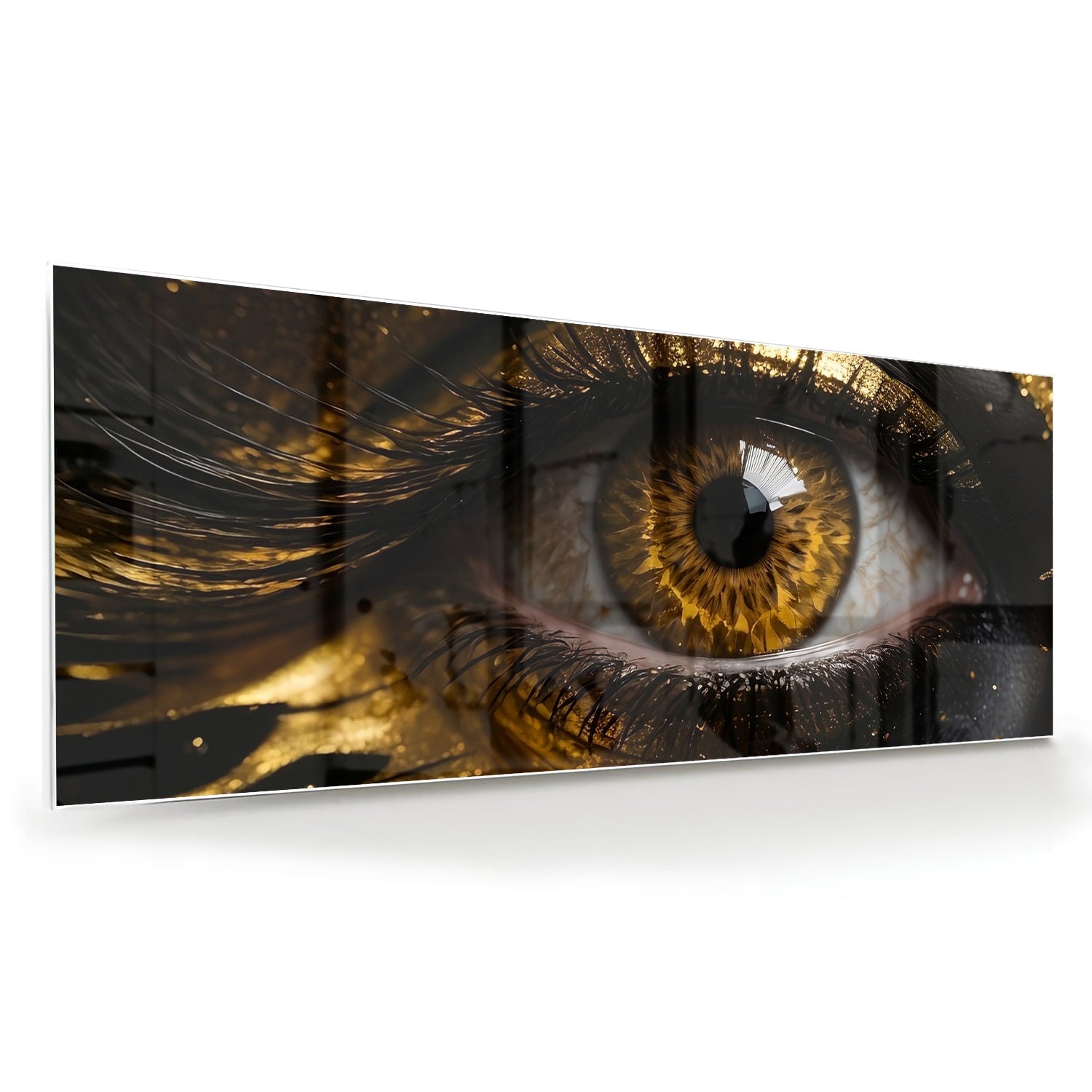Glasbild Augen-Kunstwerk in Gold und Schwarz – Glasbild aus Sicherheitsglas, Größe 60x60