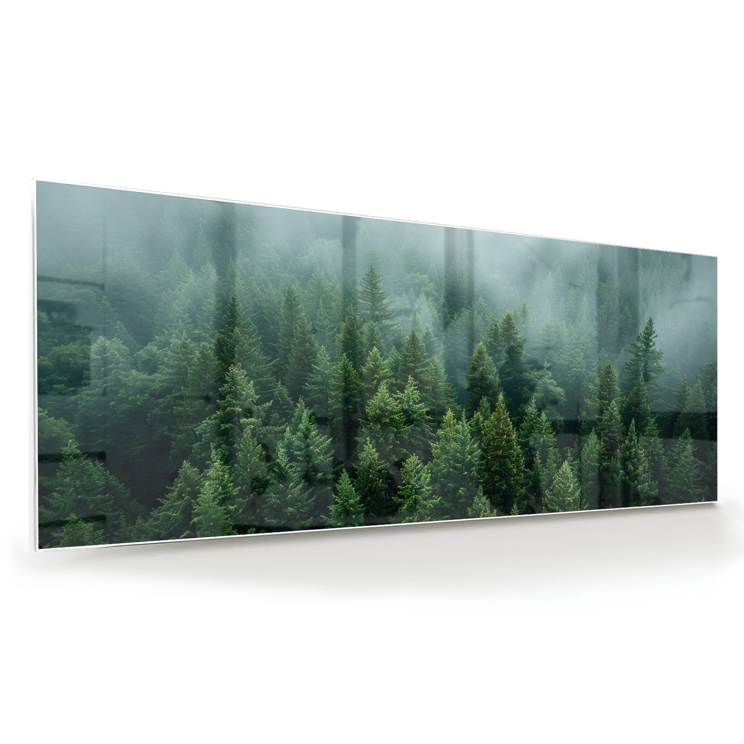 Glasbild mit nebligen Tannenwäldern – Glasbild aus Sicherheitsglas, Größe 60x60