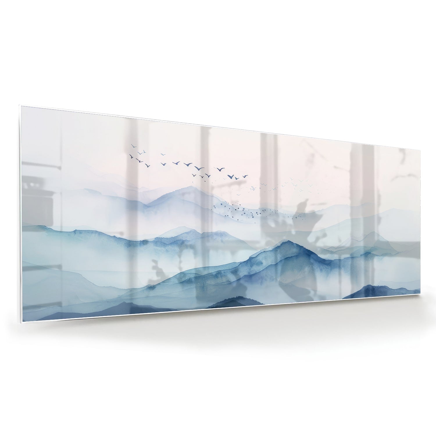 Ruhiges Glasbild mit blauen Bergen – Glasbild aus Sicherheitsglas, Größe 60x60