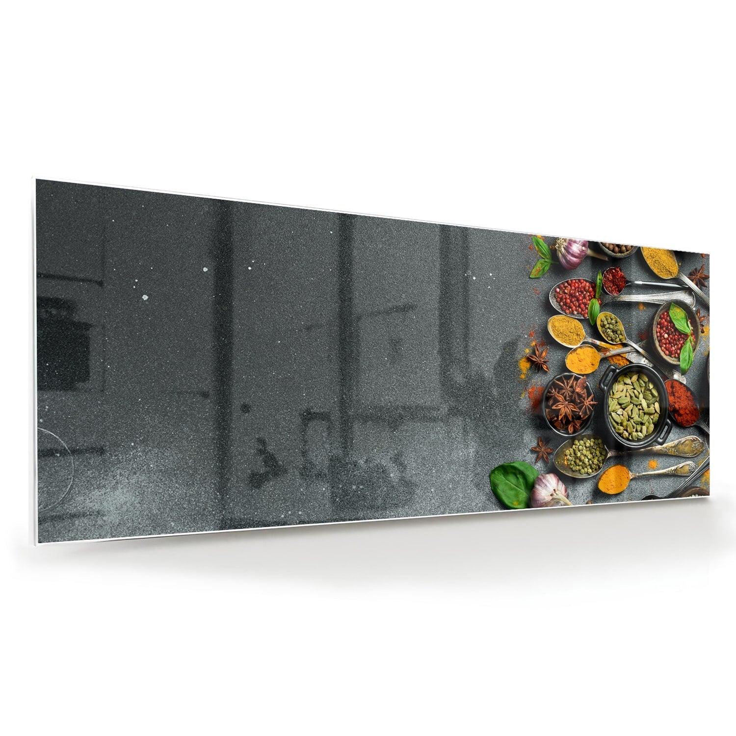 Farbenfrohes Glasbild mit Kräutern und Gewürzen – Glasbild aus Sicherheitsglas, Größe 60x60