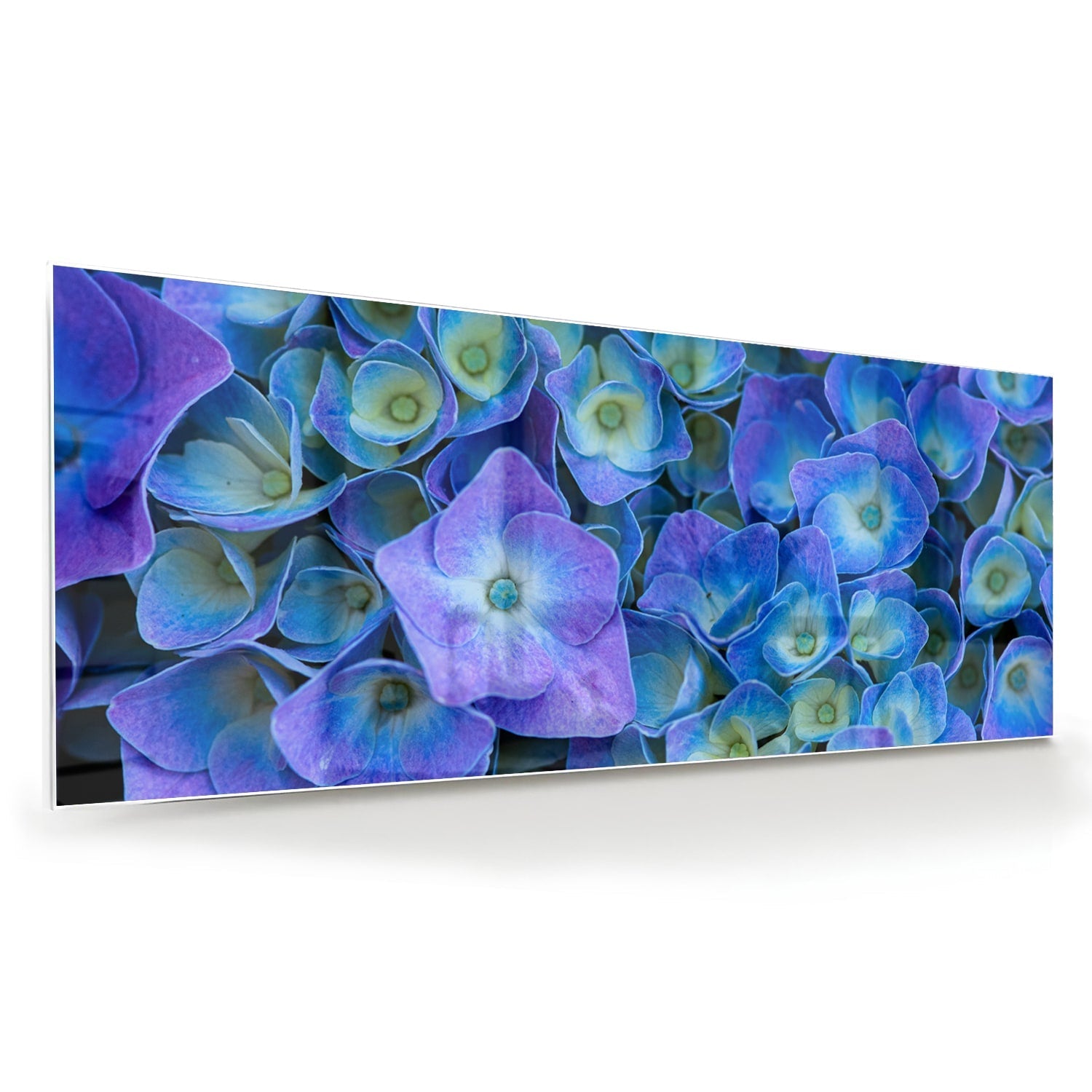 Farbenfrohes Glasbild mit blauen Blumen – Glasbild aus Sicherheitsglas, Größe 60x60