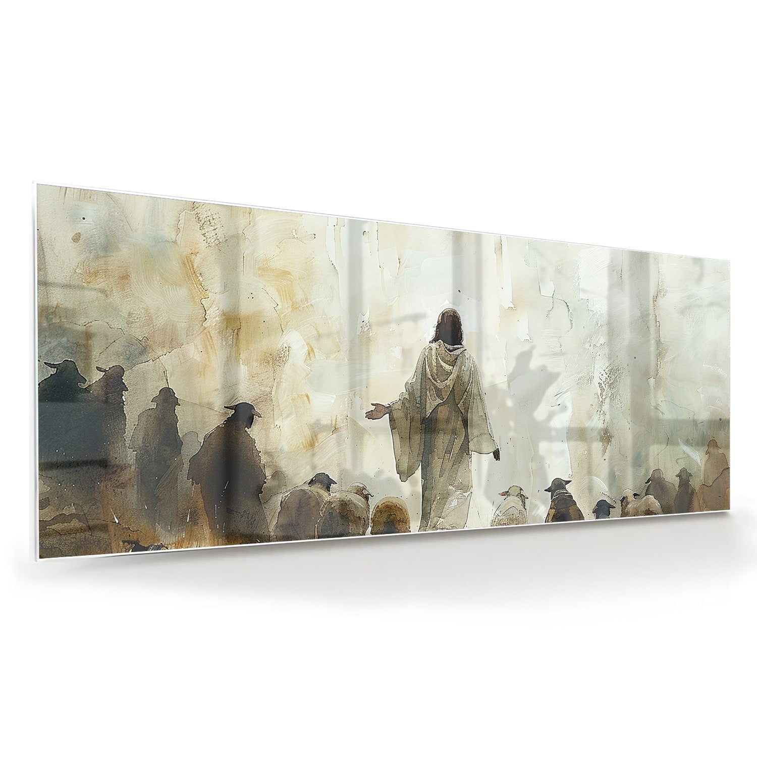 Glasbild mit spirituellem Wegweiser und Schafen – Glasbild aus Sicherheitsglas, Größe 60x60