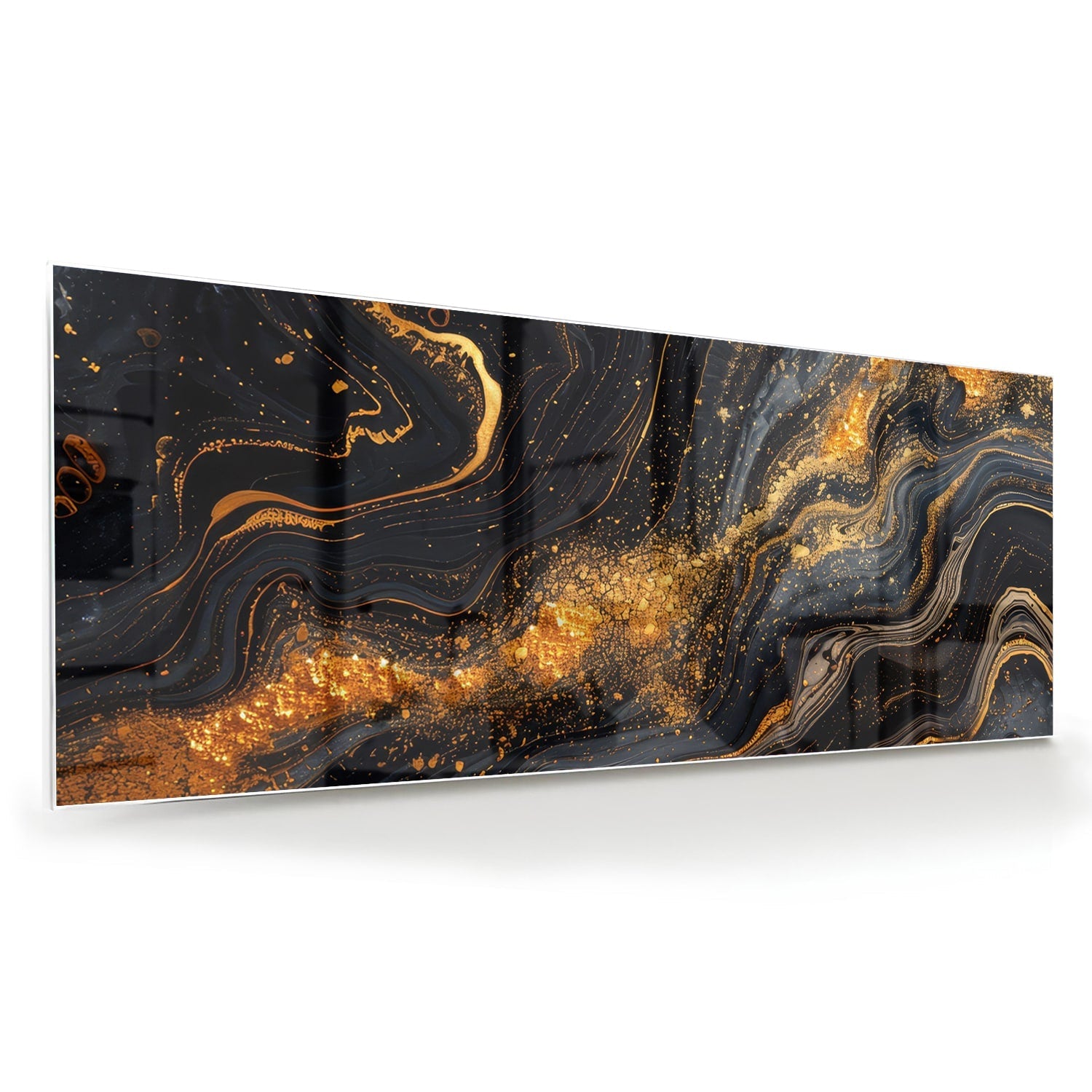 Glasbild mit goldener und schwarzer Marmoroptik – Glasbild aus Sicherheitsglas, Größe 60x60