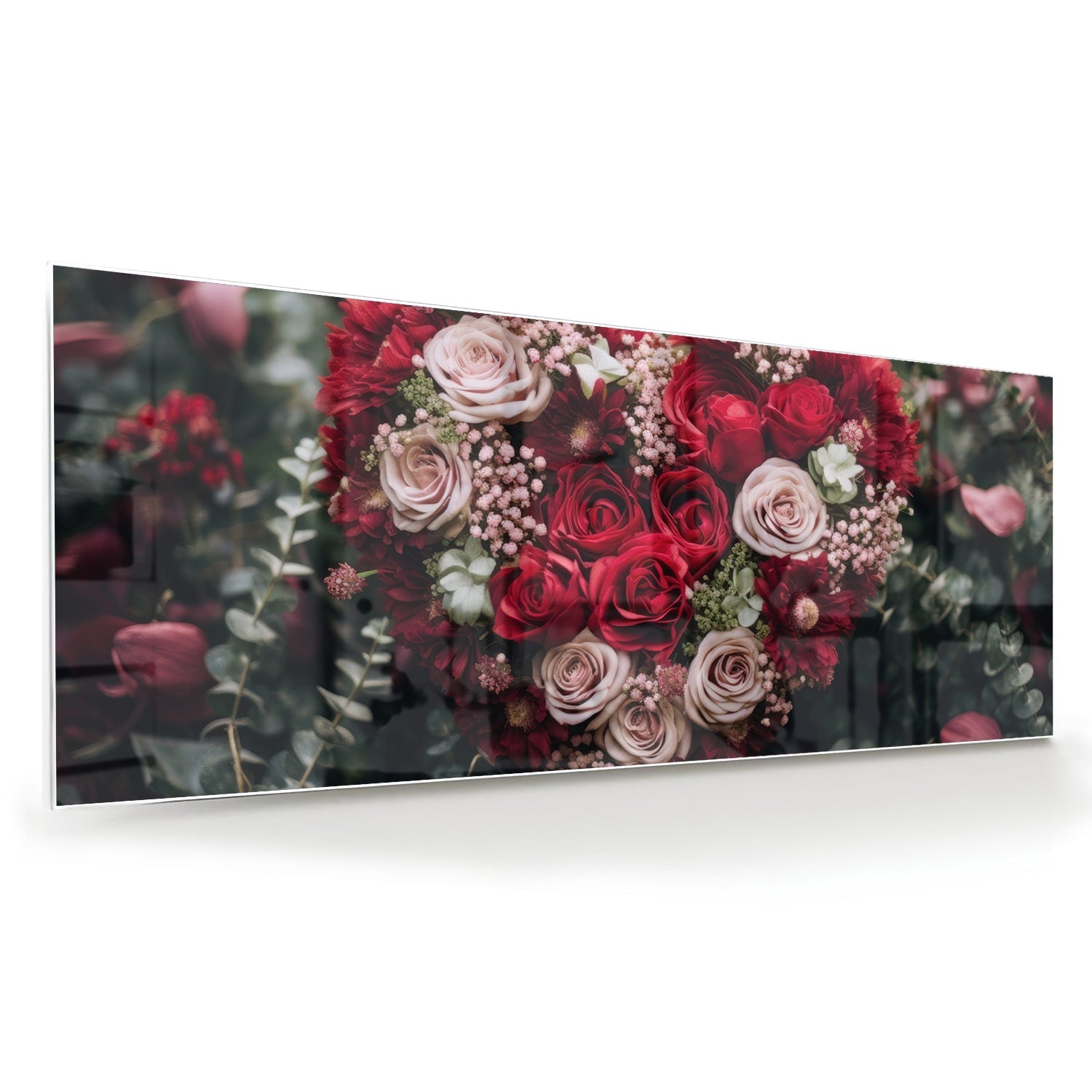 Glasbild mit herzförmigem Blumenmotiv in Rottönen – Glasbild aus Sicherheitsglas, Größe 60x60