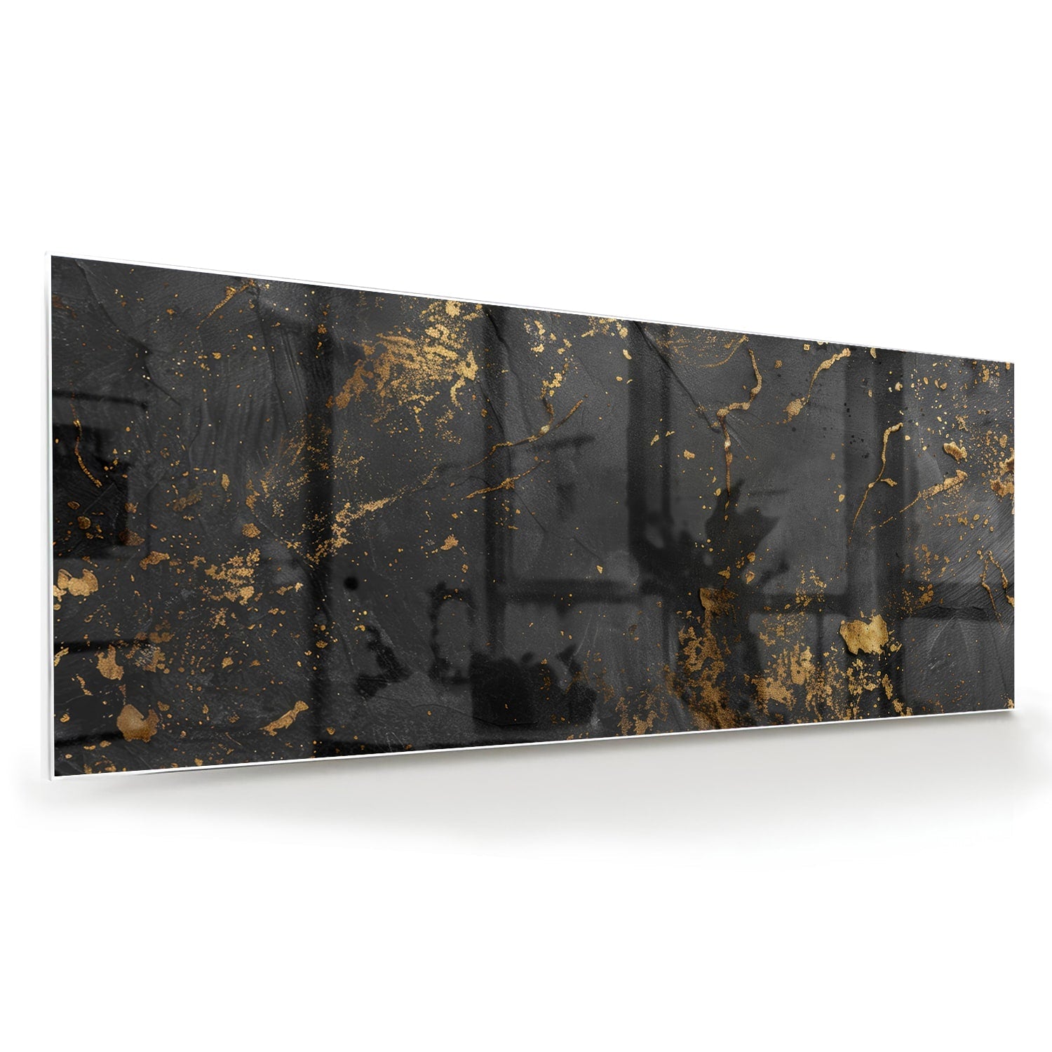 Gold-schwarzes Glasbild mit abstrakten Spritzern – Glasbild aus Sicherheitsglas, Größe 60x60