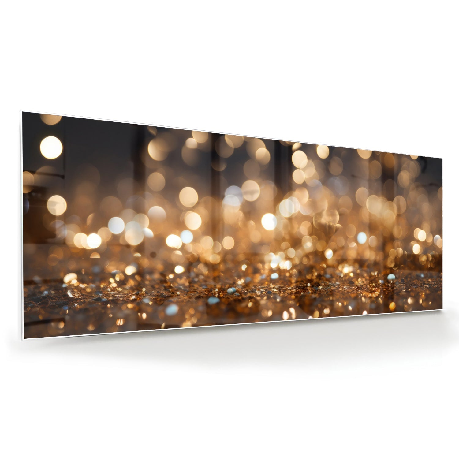 Glasbild mit goldenem Bokeh in moderner Szenerie – Glasbild aus Sicherheitsglas, Größe 60x60