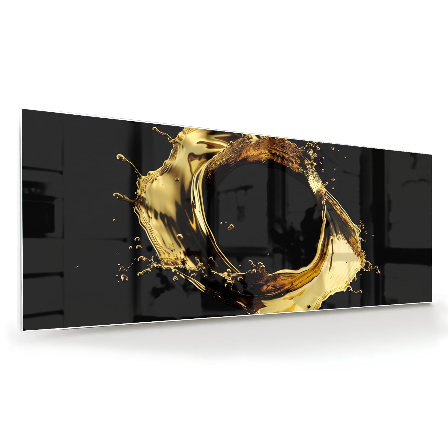 Glasbild mit Spritzern auf schwarzer Fläche – Glasbild aus Sicherheitsglas, Größe 60x60