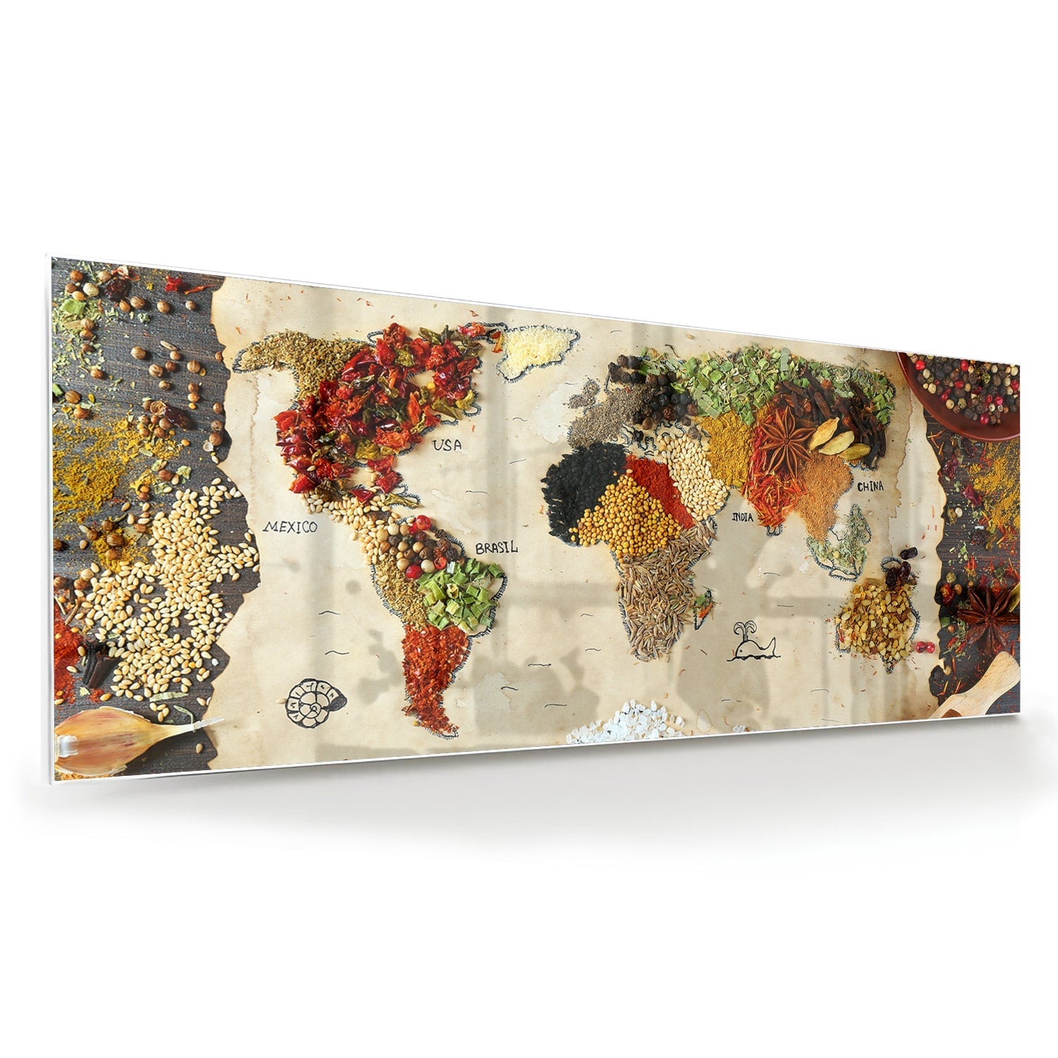 Farbenfrohes Glasbild mit Früchten und Gewürzen – Glasbild aus Sicherheitsglas, Größe 60x60