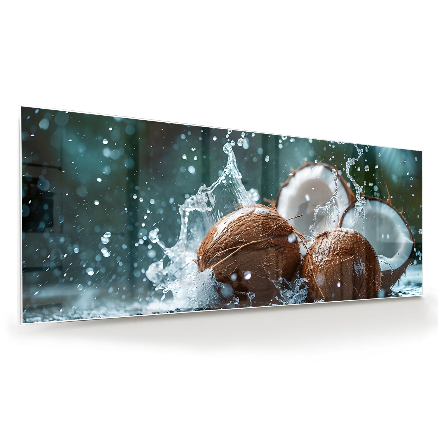 Glasbild Kokosnuss-Trio mit Wasserstrahlen – Glasbild aus Sicherheitsglas, Größe 60x60