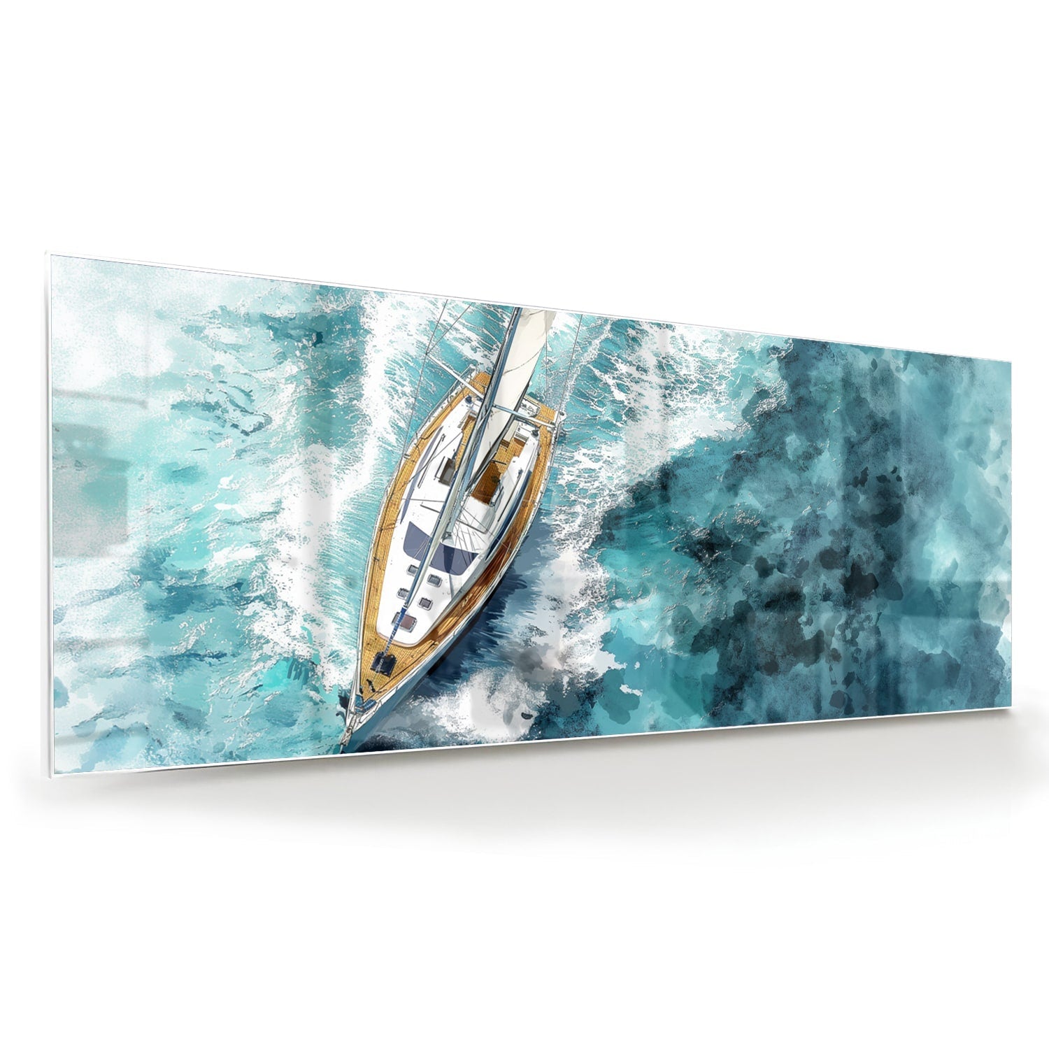 Wunderschönes Glasbild mit einer Yacht auf dem See – Glasbild aus Sicherheitsglas, Größe 60x60