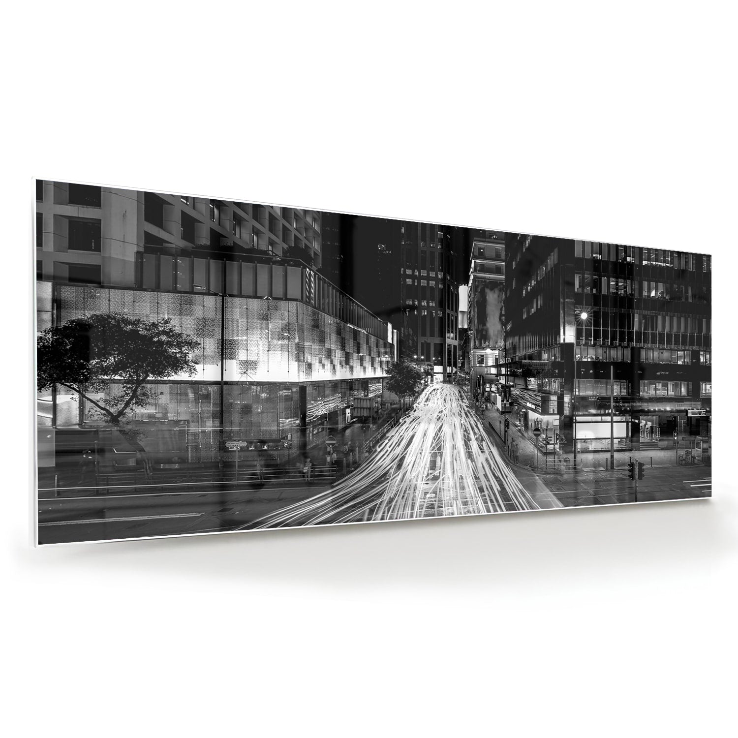 Schwarz-Weiß-Glasbild mit Stadtlichtern – Glasbild aus Sicherheitsglas, Größe 60x60