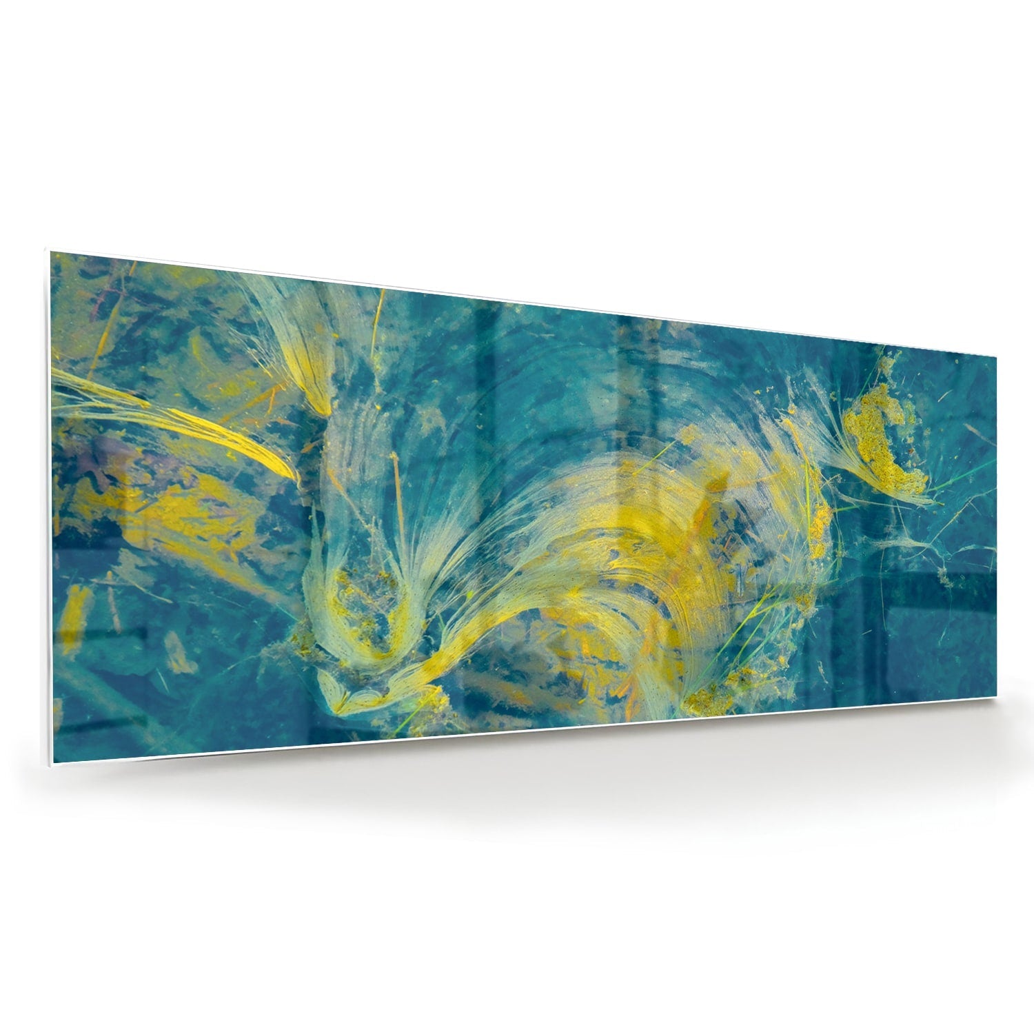Farbenfrohes Glasbild mit abstraktem blau-gelbem Muster – Glasbild aus Sicherheitsglas, Größe 60x60