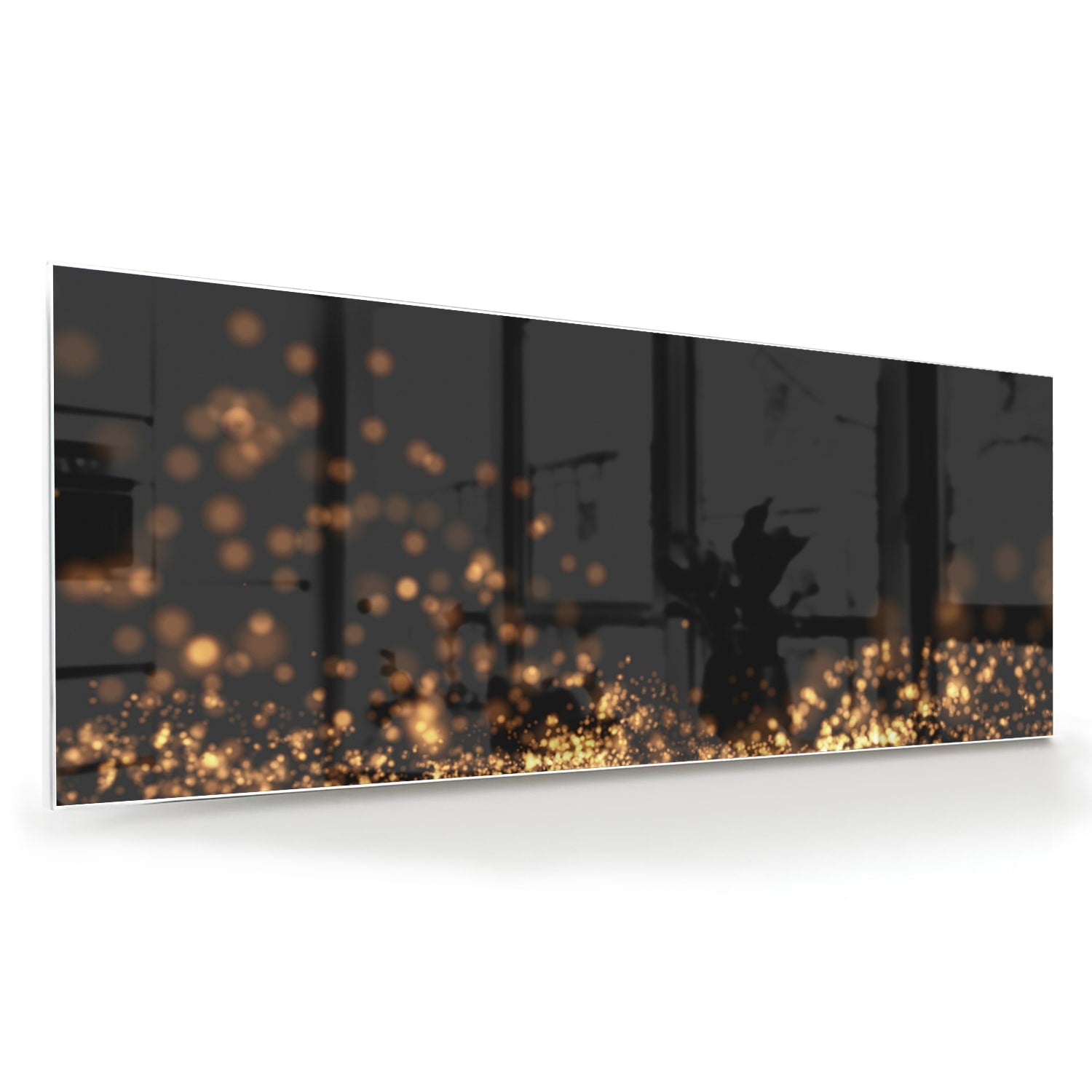 Glasbild mit goldenen Lichtpunkten auf schwarzem Hintergrund – Glasbild aus Sicherheitsglas, Größe 60x60