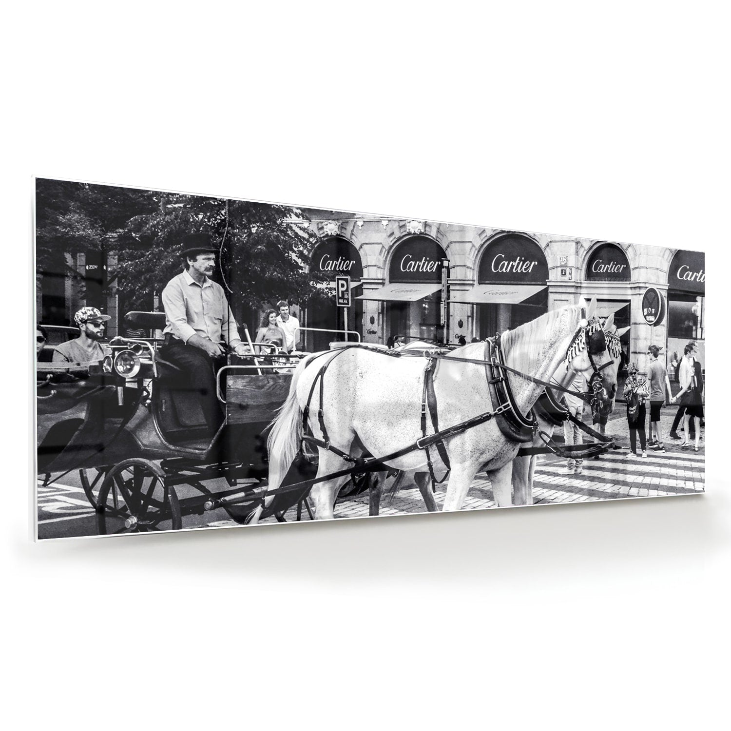 Historisches Glasbild mit Pferd und Kutsche – Glasbild aus Sicherheitsglas, Größe 60x60