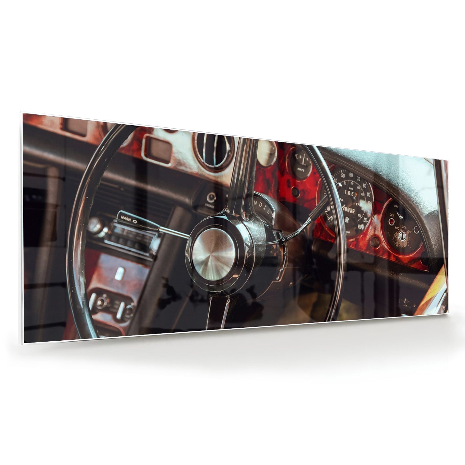 Retro-Auto-Glasbild mit Armaturenbrett für Liebhaber – Glasbild aus Sicherheitsglas, Größe 60x60