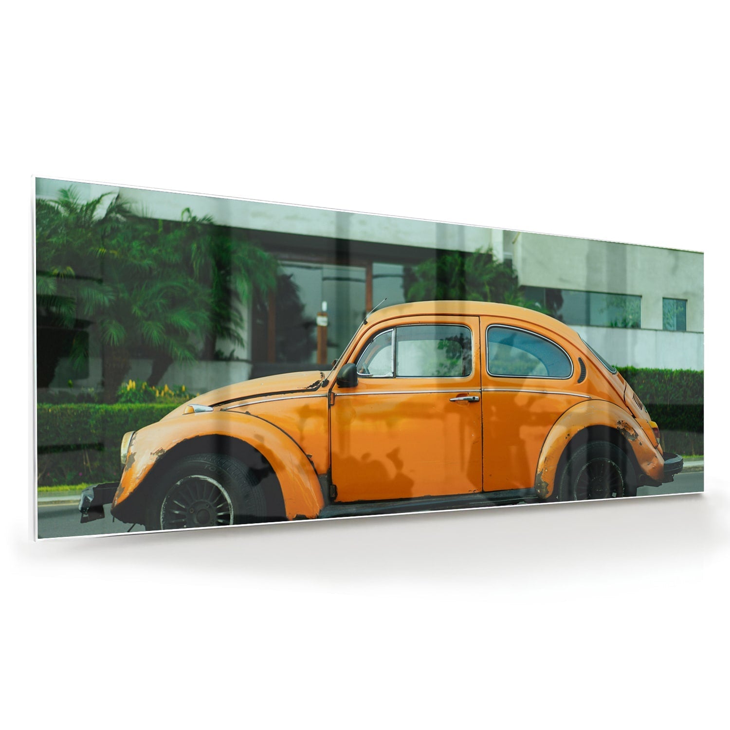 Fröhliches Glasbild mit orangefarbenem Käfer – Glasbild aus Sicherheitsglas, Größe 60x60