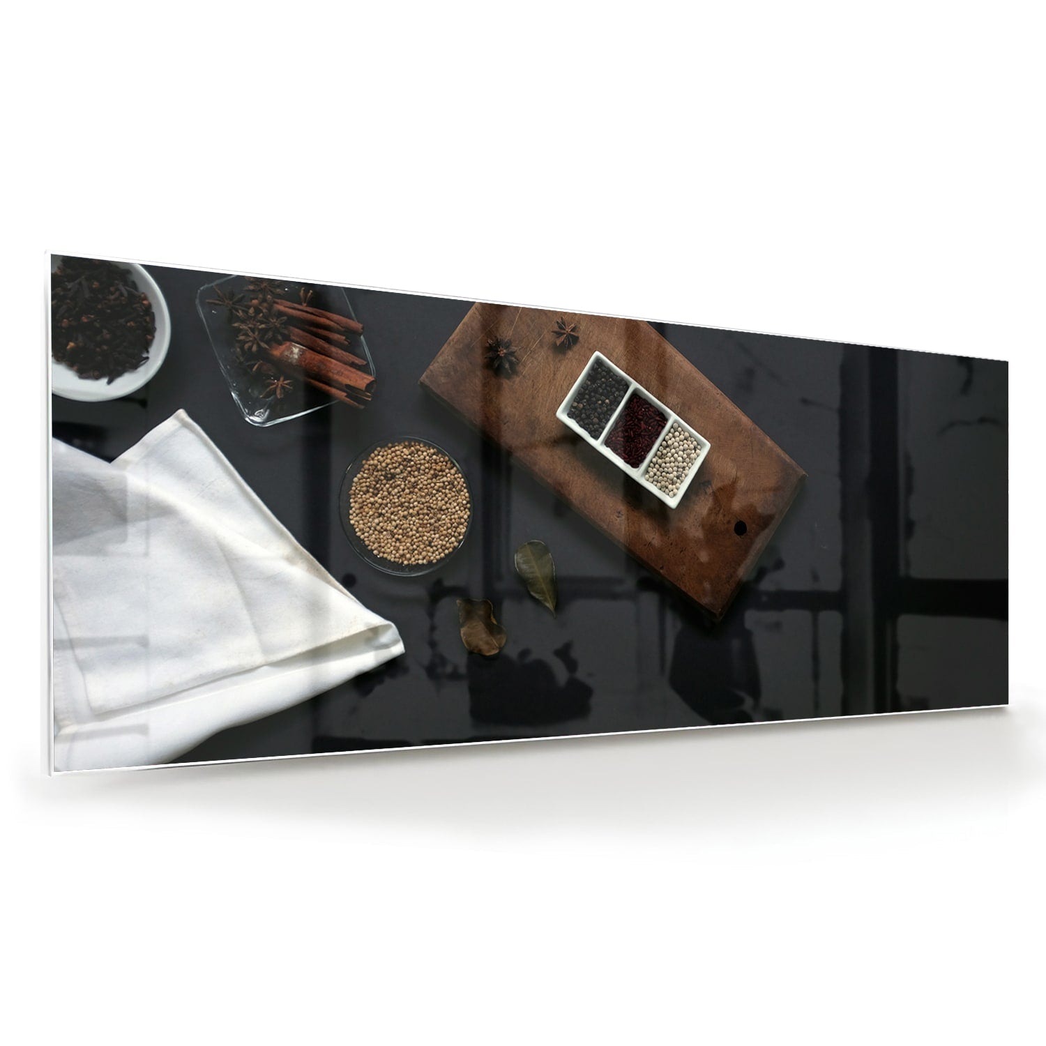 Modernes Glasbild mit Kaffee und Notizen – Glasbild aus Sicherheitsglas, Größe 60x60