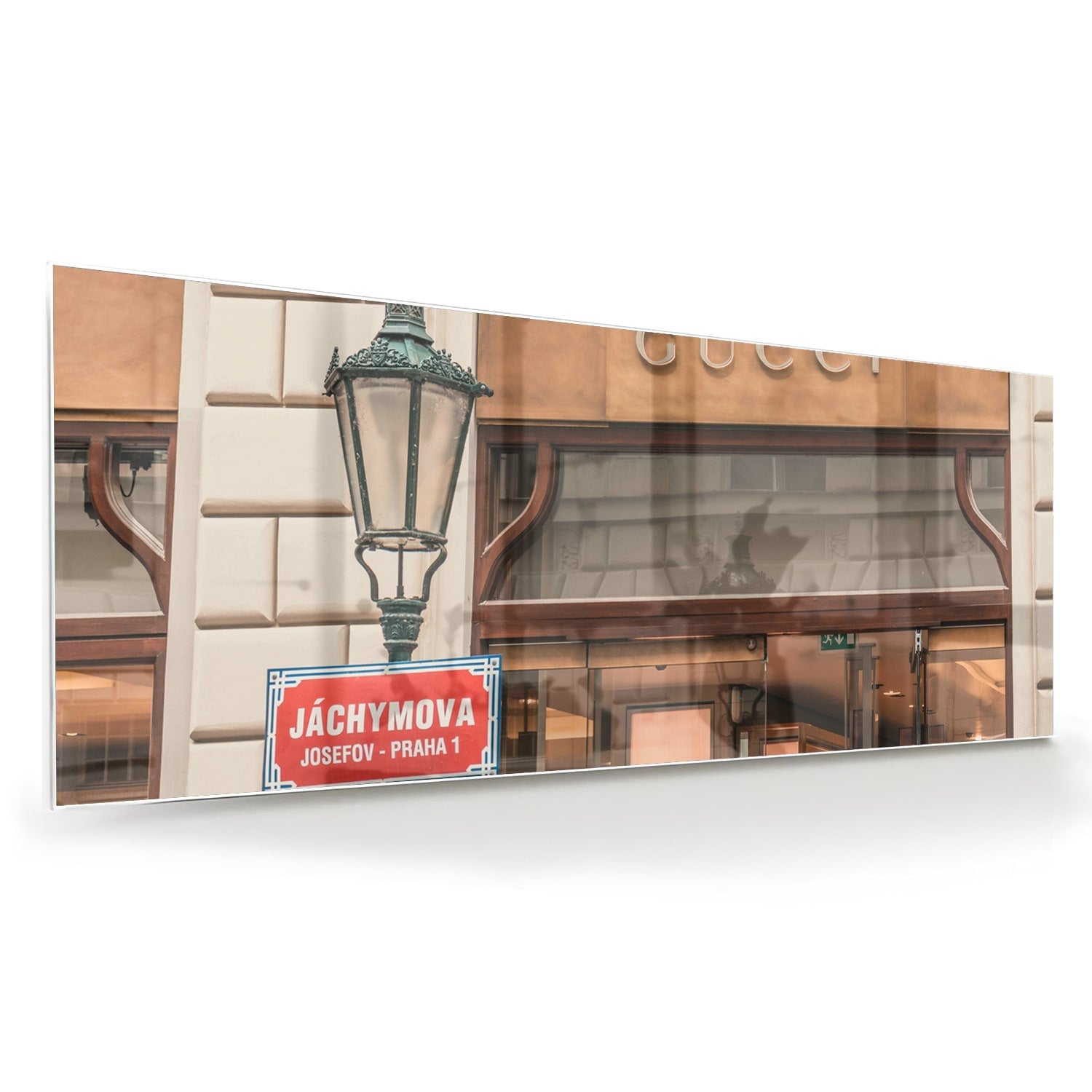 Stilvolles Glasbild mit Gucci-Schaufenster – Glasbild aus Sicherheitsglas, Größe 60x60