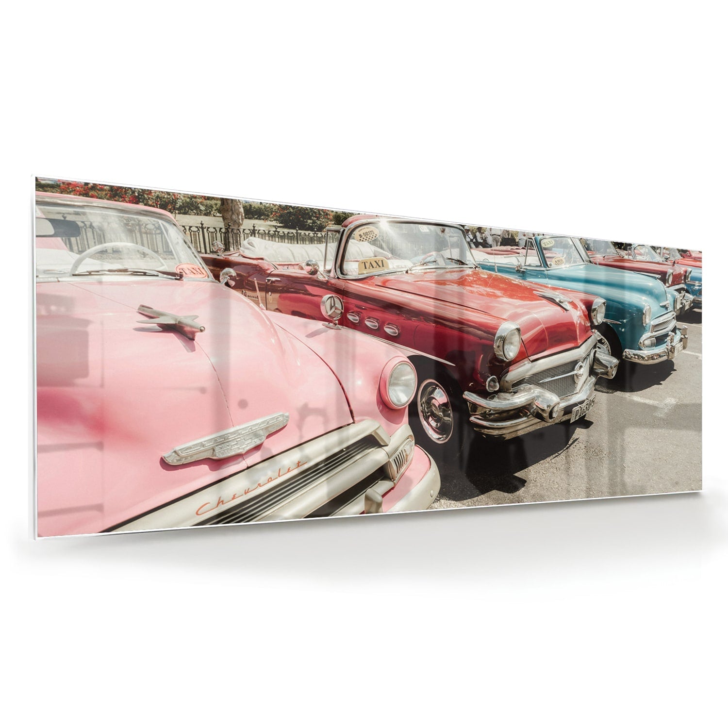 Retro-Glasbild mit farbenfrohen Autos – Glasbild aus Sicherheitsglas, Größe 60x60