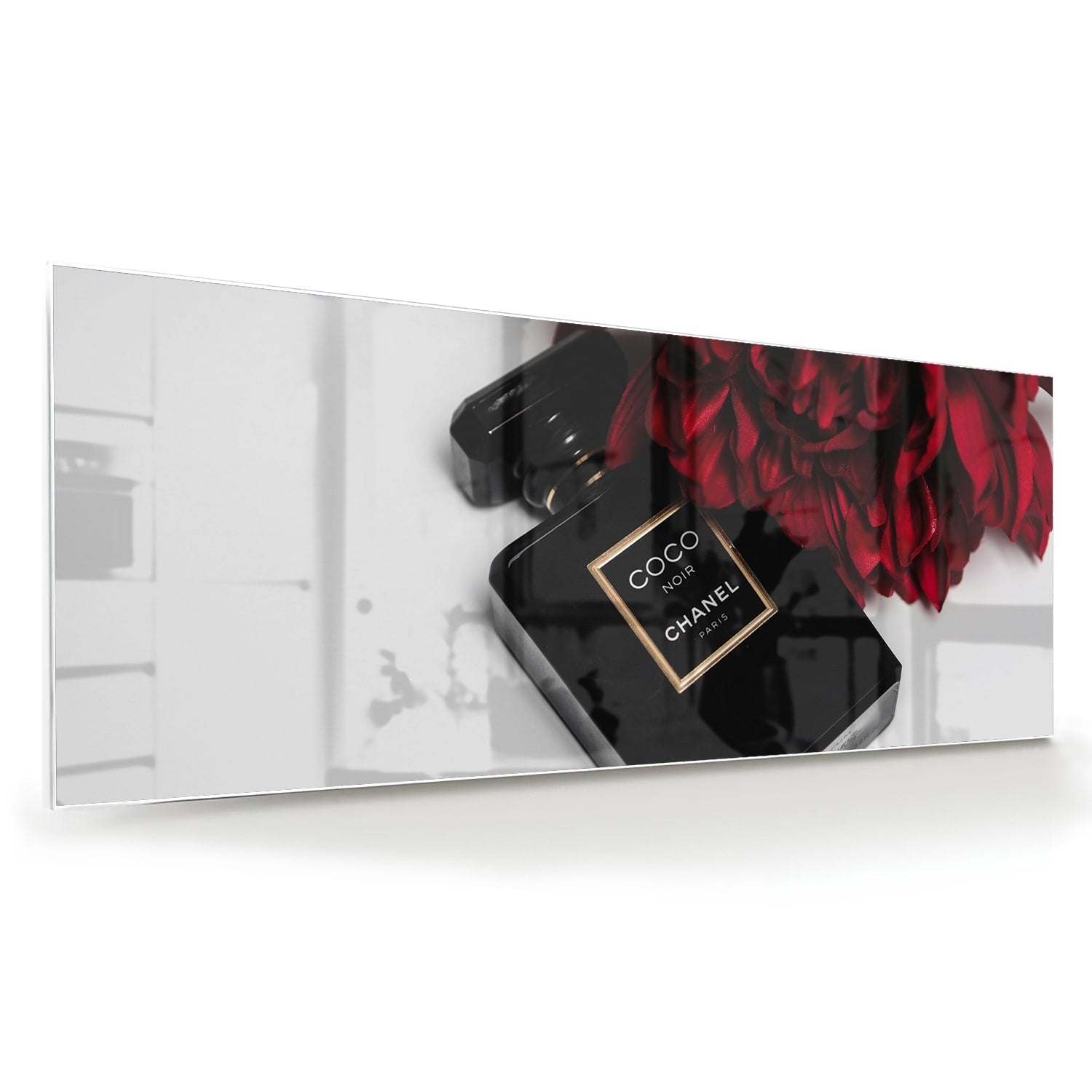 Elegantes Glasbild mit Parfüm und roten Blumen – Glasbild aus Sicherheitsglas, Größe 60x60