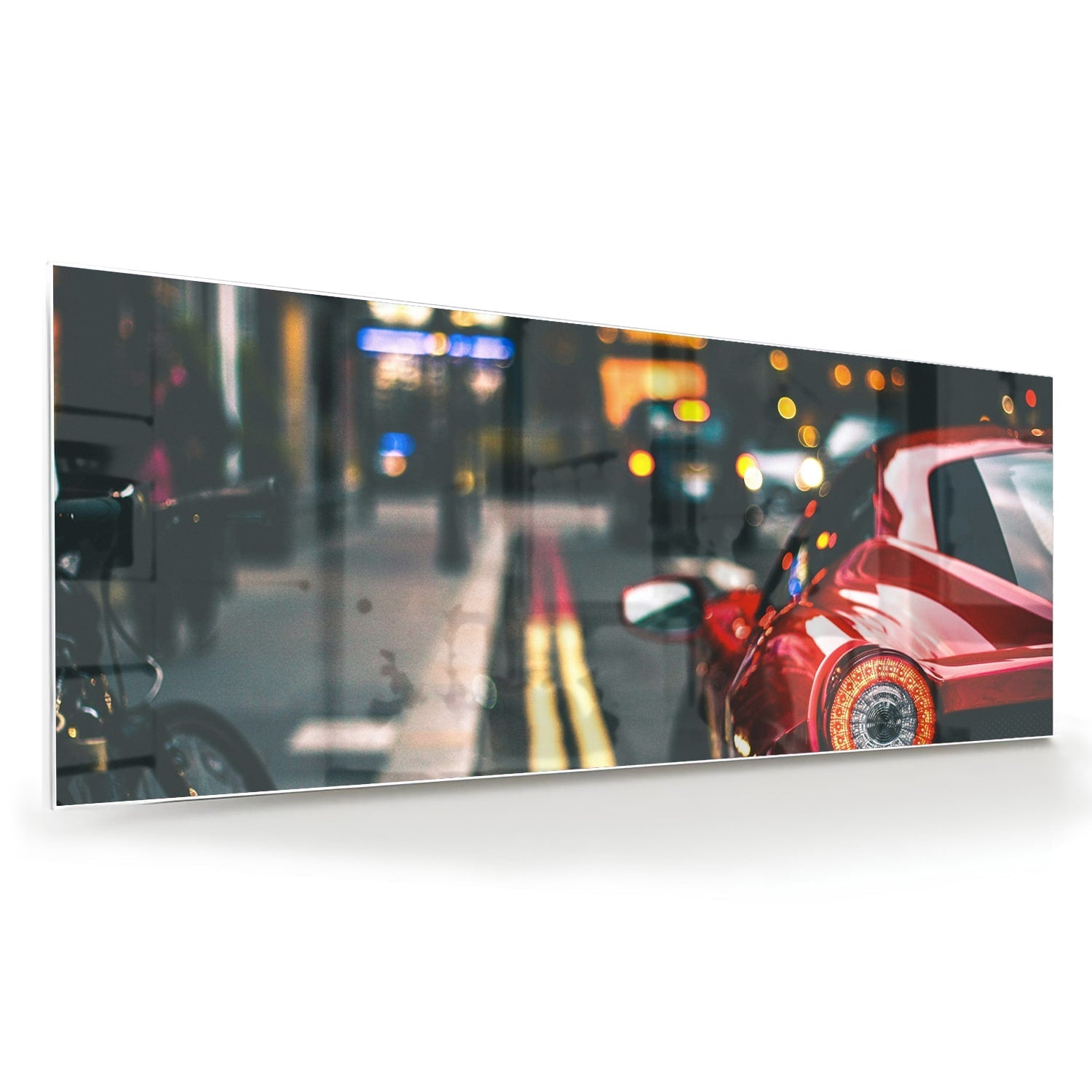 Stilvolles Glasbild mit einem roten Auto in der Stadt – Glasbild aus Sicherheitsglas, Größe 60x60