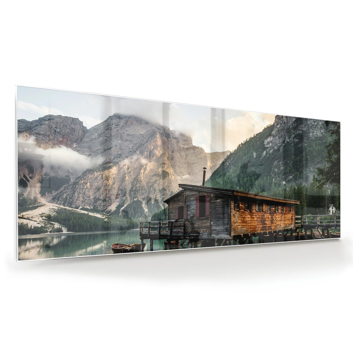 Bezauberndes Glasbild mit einer Berghütte – Glasbild aus Sicherheitsglas, Größe 60x60