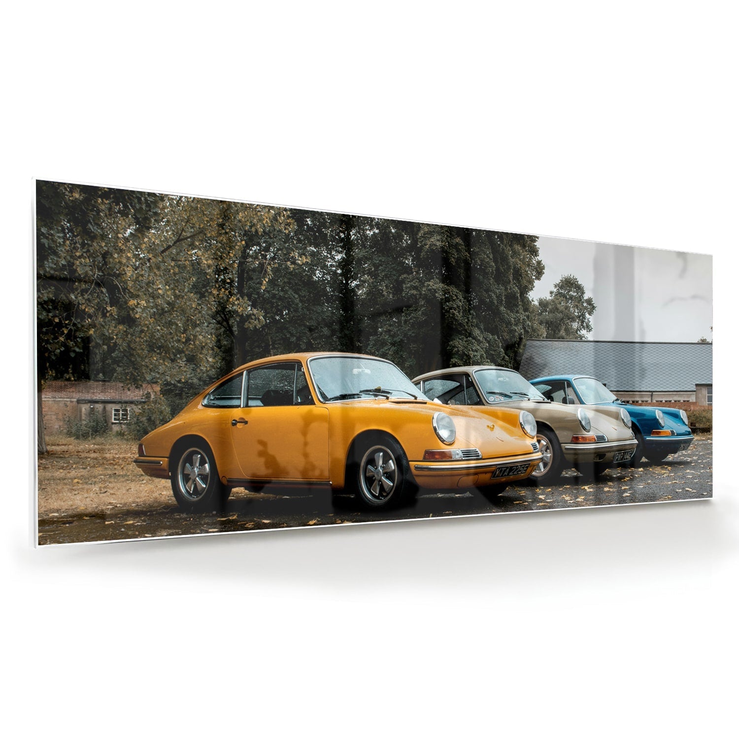 Fröhliches Glasbild mit gelbem Auto – Glasbild aus Sicherheitsglas, Größe 60x60