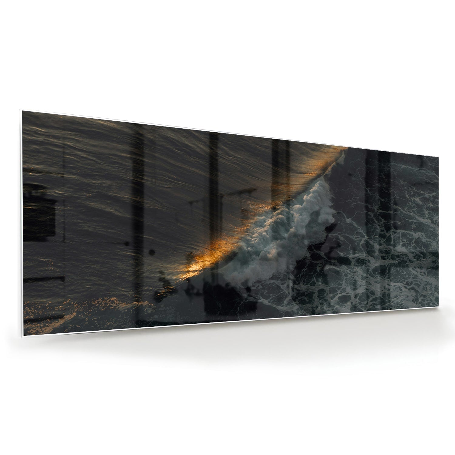 Schwarzes Glasbild mit Meerblick und Goldakzenten – Glasbild aus Sicherheitsglas, Größe 60x60