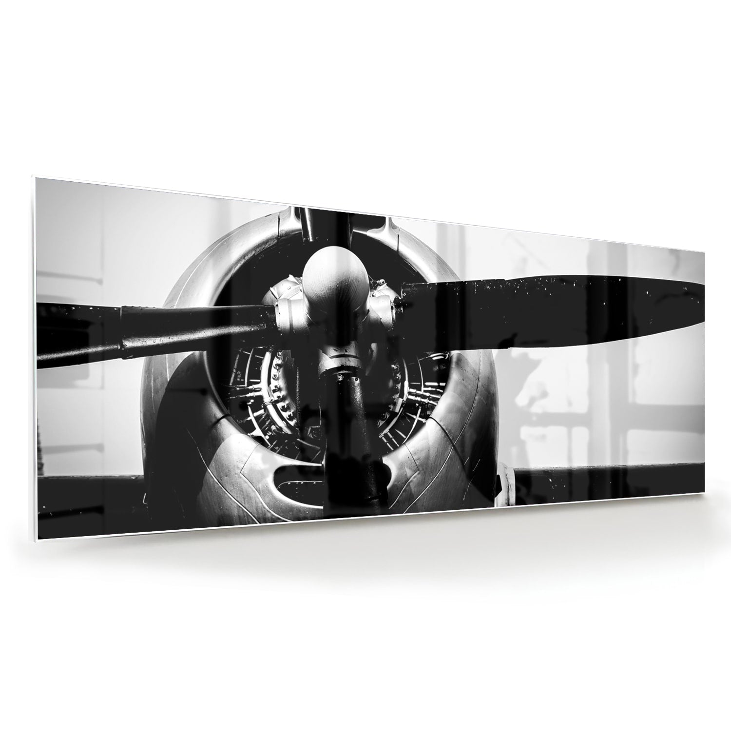 Schwarz-Weiß-Glasbild mit Vintage-Flugzeugpropeller – Glasbild aus Sicherheitsglas, Größe 60x60