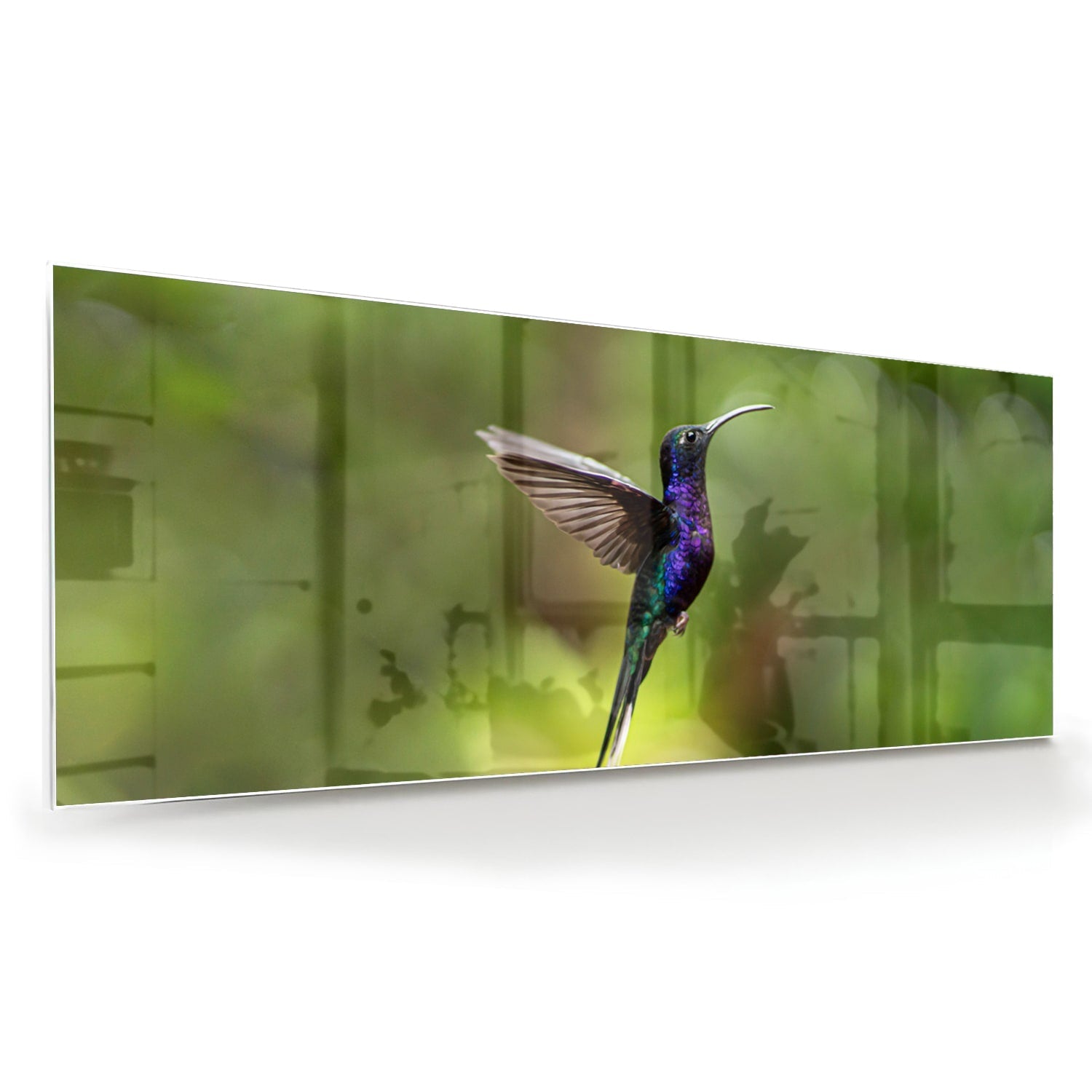 Glasbild mit fliegendem Kolibri inmitten grüner Ruhe – Glasbild aus Sicherheitsglas, Größe 60x60