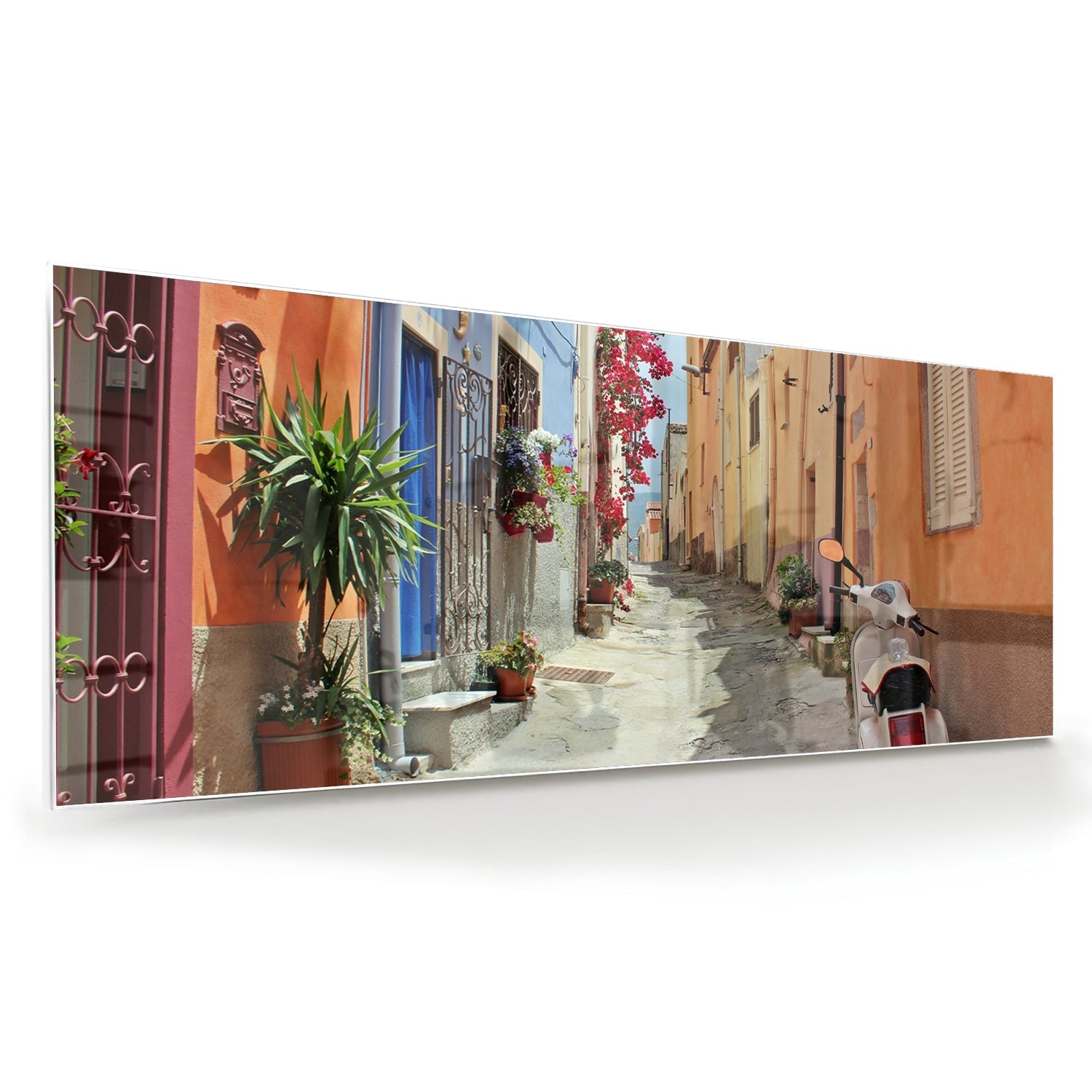 Buntes Glasbild mit Vespa auf einer Straße – Glasbild aus Sicherheitsglas, Größe 60x60