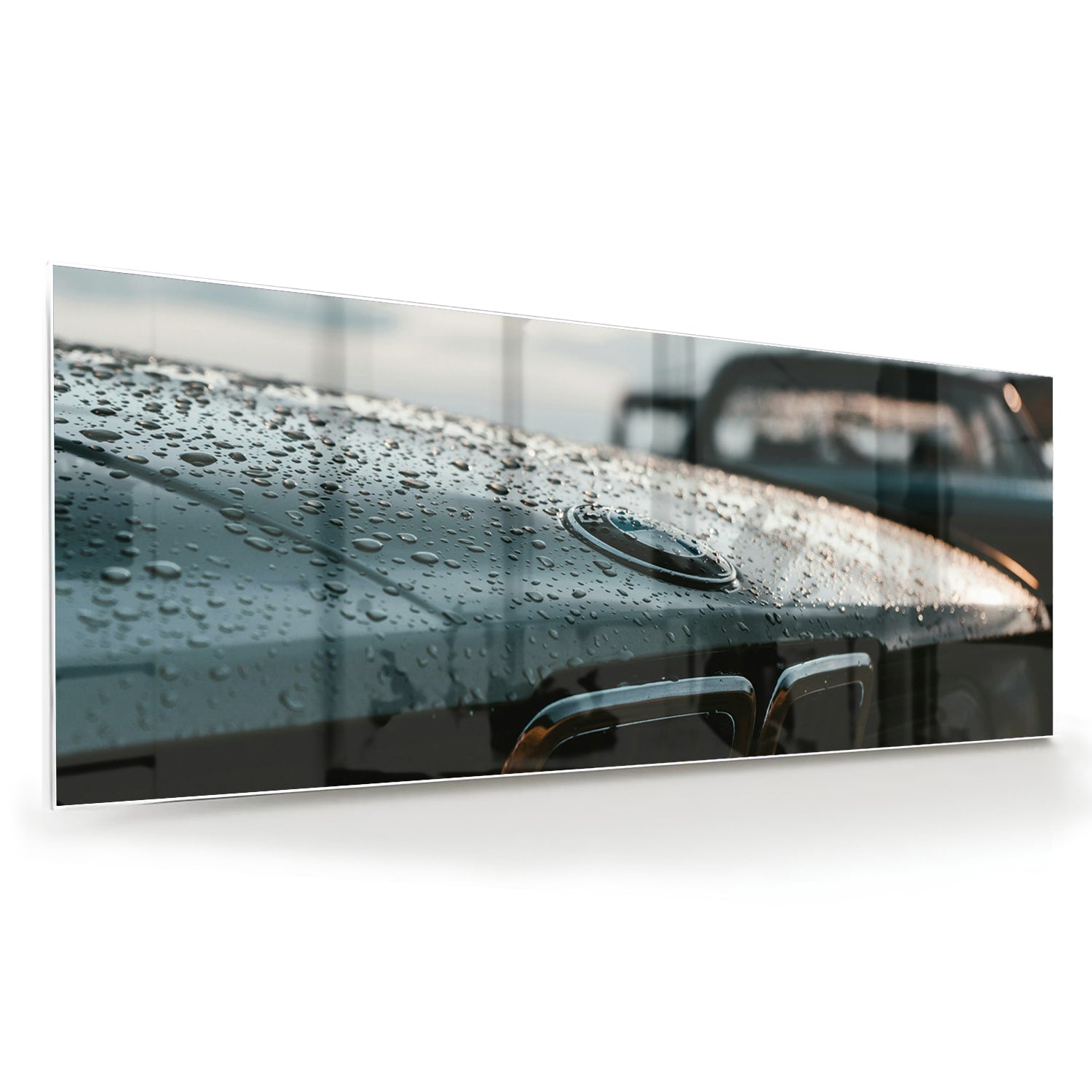 Glasbild mit nasser Autoscheibe – Stilvolles Interieur – Glasbild aus Sicherheitsglas, Größe 60x60