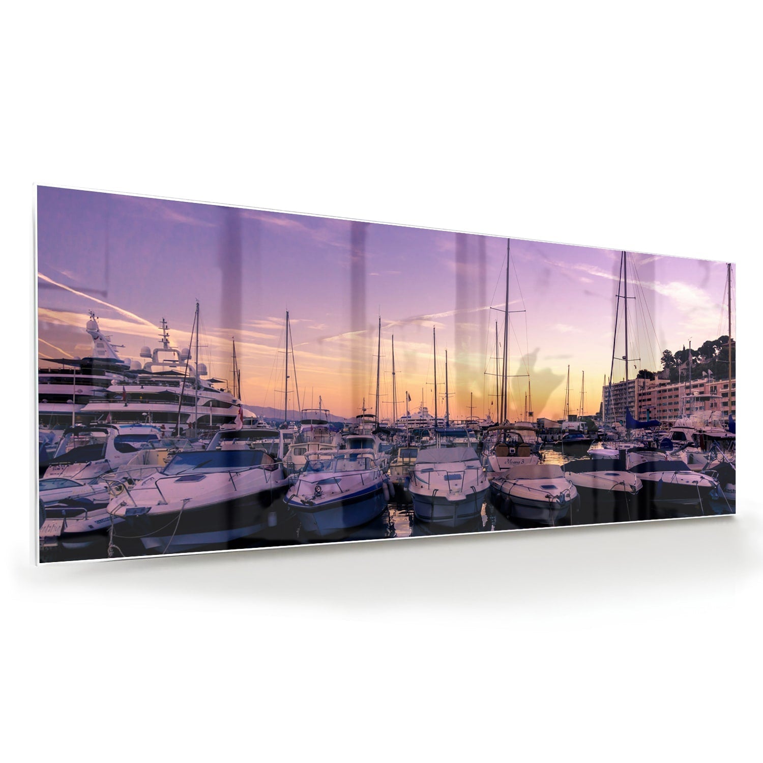 Glasbild mit Sonnenuntergang am Hafen – Glasbild aus Sicherheitsglas, Größe 60x60